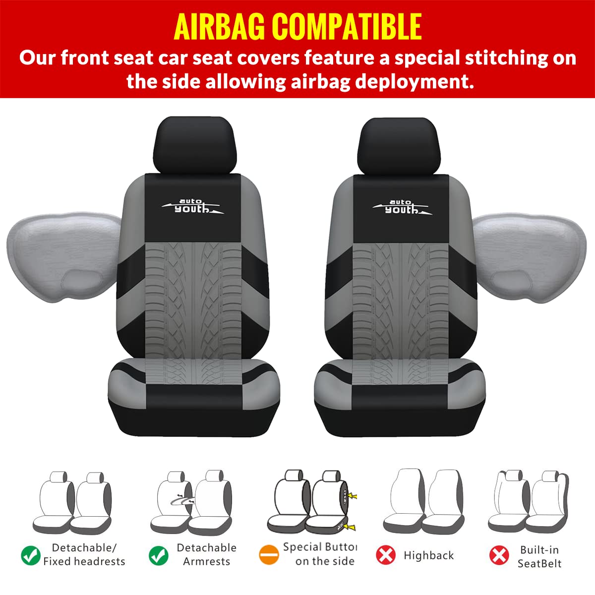 AUTOYOUTH Three Row Car Seat Covers Set, Gray Polyester, Universal Fit, 7 Headrests, Airbag Compatible for Cars, Trucks, SUVs