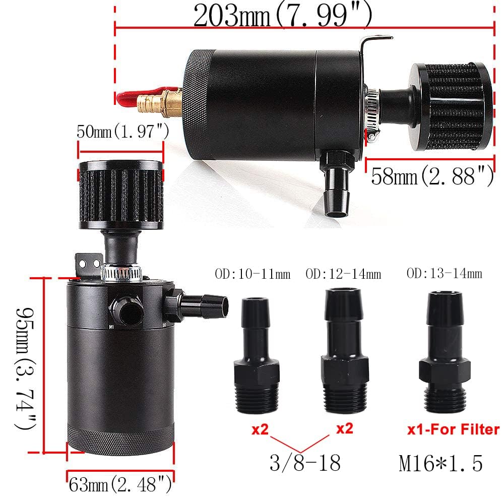 WENJTP Oil Catch Can Kit - 150ml Universal Aluminum Baffled Tank, 2 Ports, Black, Model M2/OCC002, Includes 4 Adapters & Breather Filter