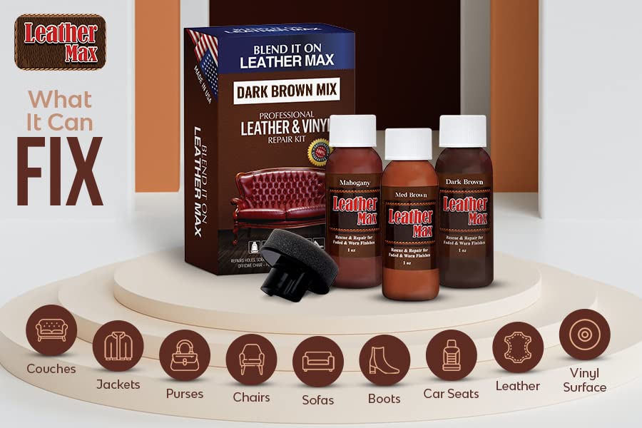 Leather Max Dark Brown Mix - Vinyl And Leather Repair Kit - Restorer Of Your Furniture, Jacket, Sofa, Boat Or Car Seat, Easy Ins
