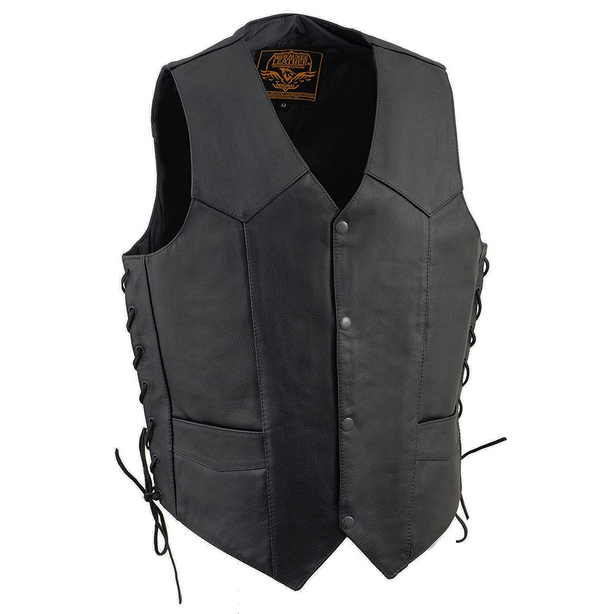 Milwaukee Leather SH1315 Men's Black Leather Classic V-Neck Side Lace Motorcycle Rider Vest w/Front Snap Closure - 54