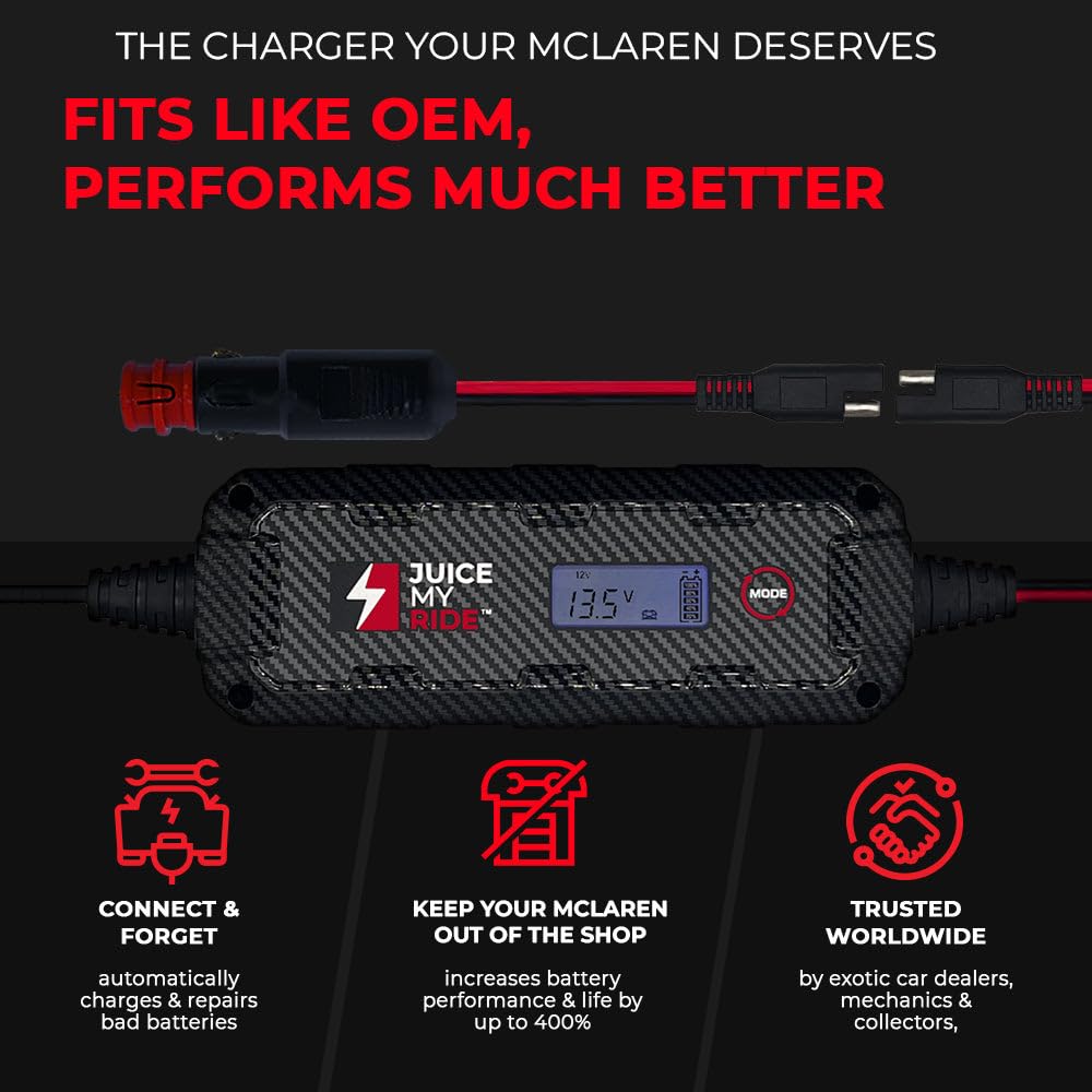 Juice My Ride JMR Lithium Battery Charger for McLaren 720S/750S/Artura 12V Cig Port, Model JSC-6A, Add Lithium Mode