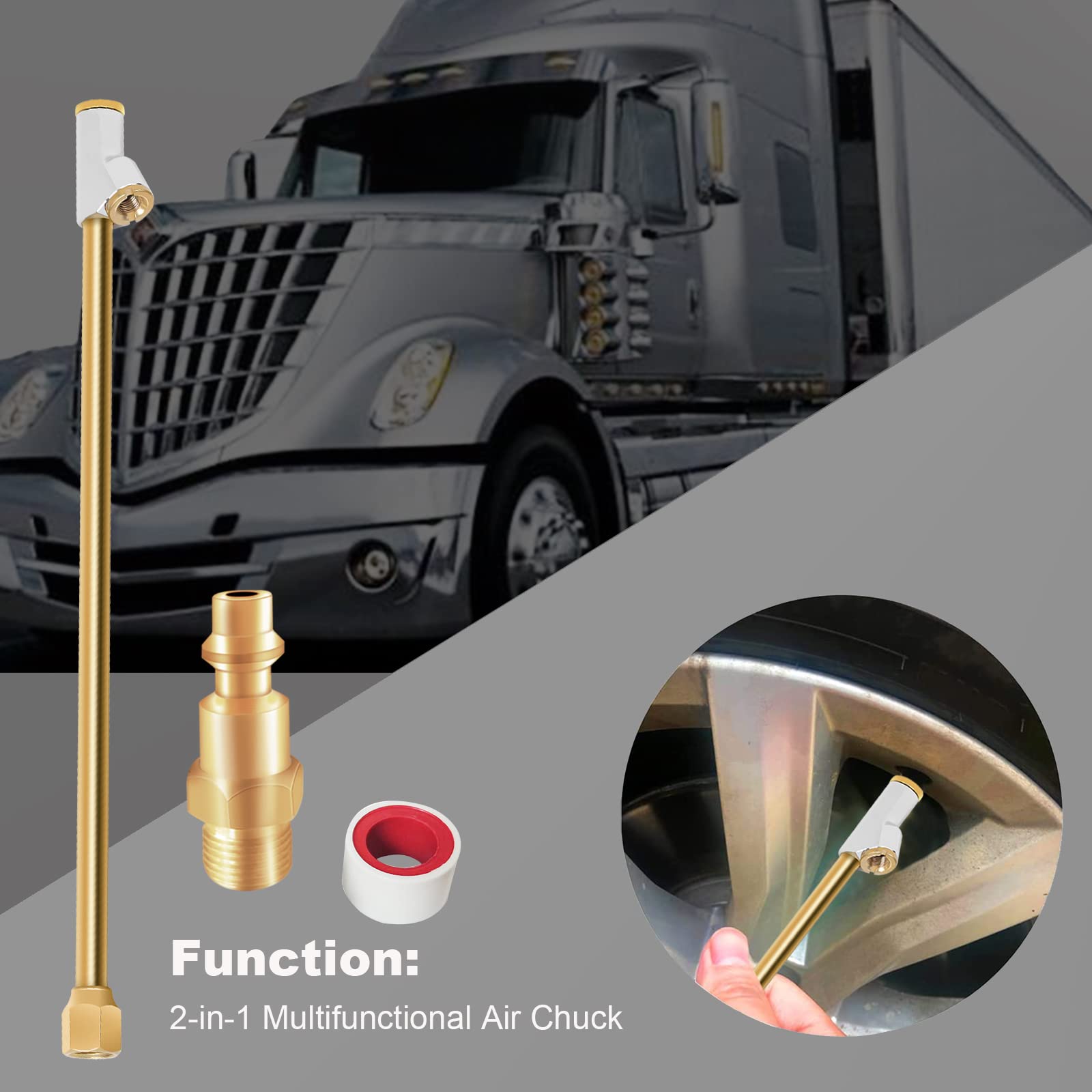 Godeson Air Chuck For Semi Truck, 1/4'' Fnpt 11.8'' Extended Reach Dual Head Brass Air Chuck With Brass Quick Plug, 2-Way Connec