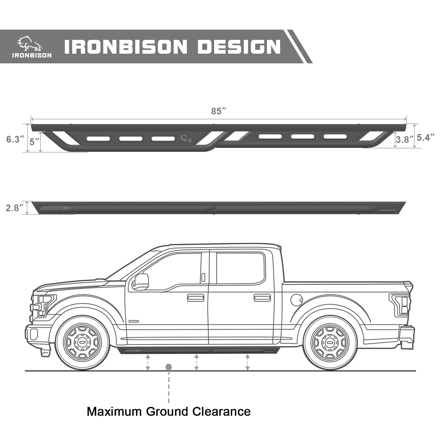 IRONBISON Running Boards for 2019-2024 Chevy Silverado/GMC Sierra 1500, 2500, 3500 - Heavy Texture Black Alloy Steel Nerf Bars