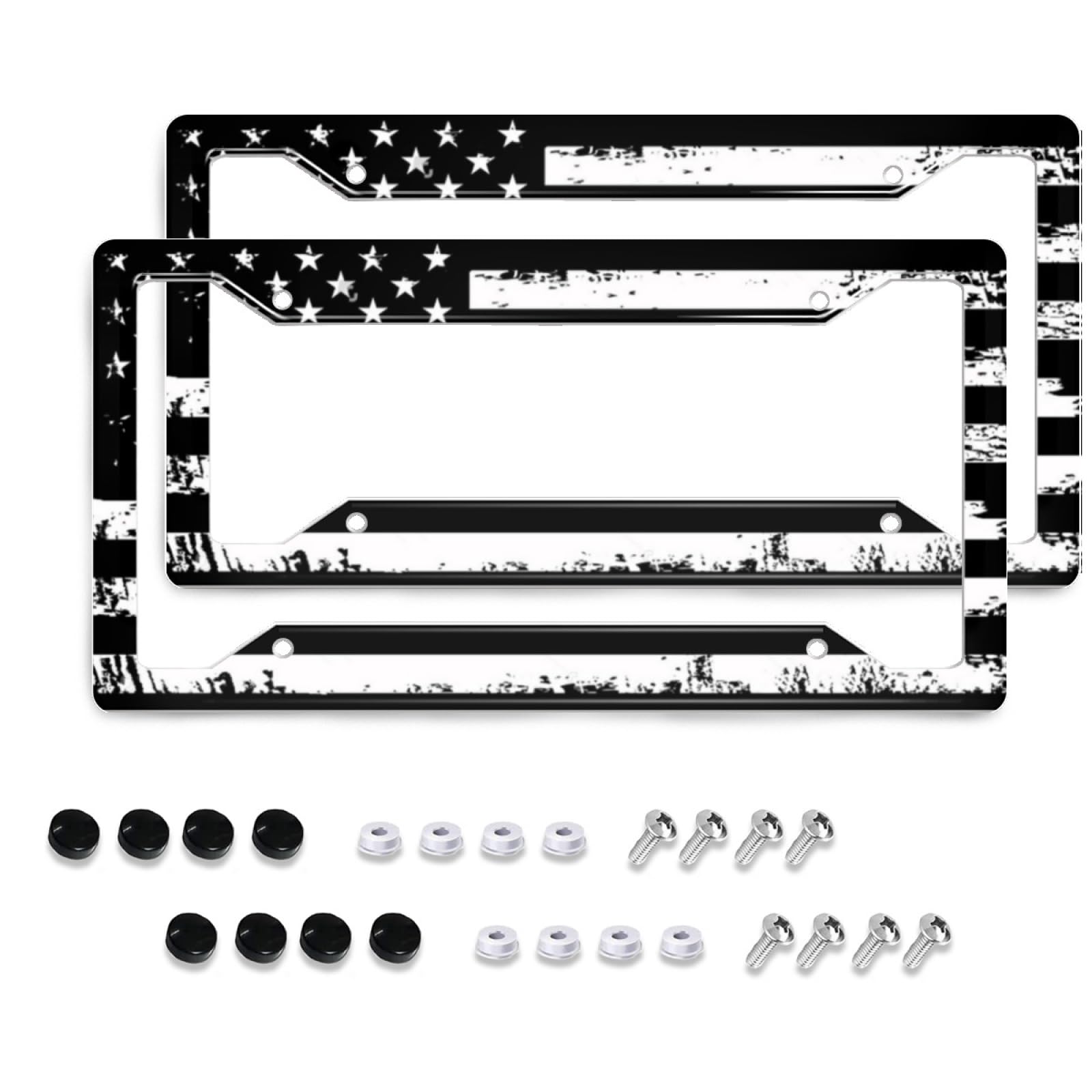 American Flag License Plate Frames- Retro Patriotic USA Black White Stars and Stripes Flag Aluminum Holder Cover with Stainless 