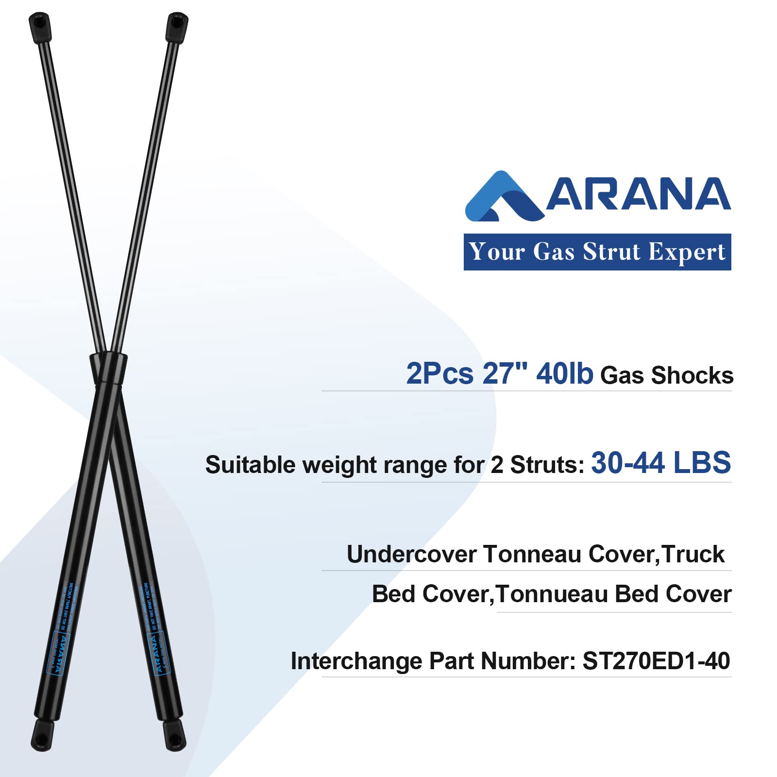 ARANA Gas Spring Shock Struts 27 Inch 40 Lb Lift Support for Tonneau Cover - 2Pcs Set