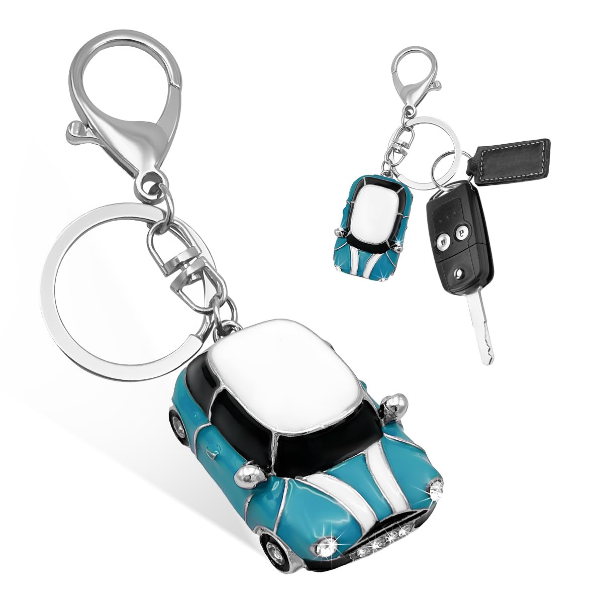 povtii Car Key Chain, Rhinestone Detail 3D Cute Car Model Keychain, Mini Cooper Metal Key Chain with Ring, Car Accessories (Whit