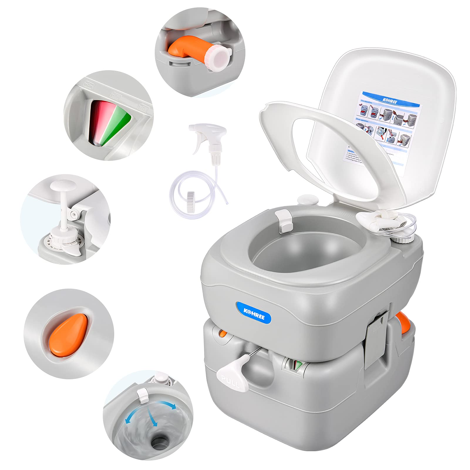 Kohree 5.8 Gal Portable Toilet for Adults: Large Camping Toilet with Detachable Waste Tank, Leak-Proof Cassette with Level Indic