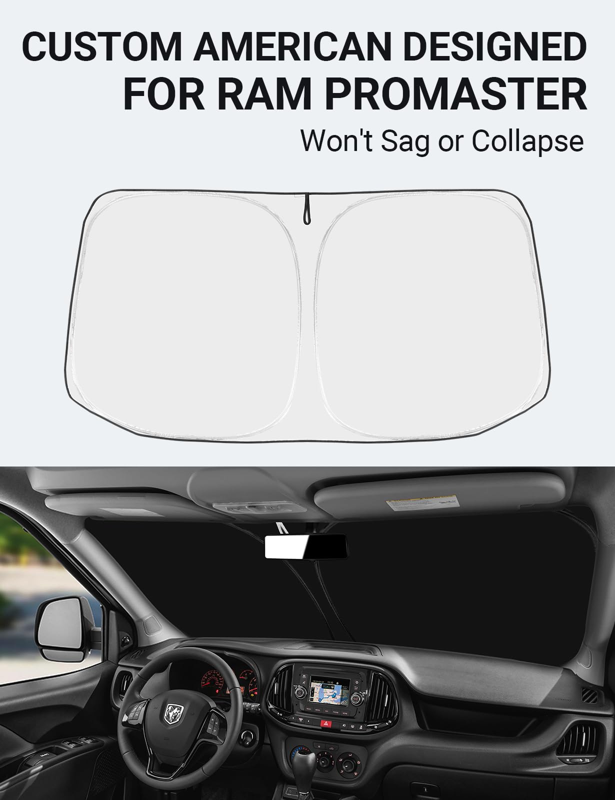 Proadsy Windshield Sun Shade - Custom Fit for Dodge Ram Promaster 2014-2025, 4-Layer UV Protection, Black & Silver, Model BI-20M0-3