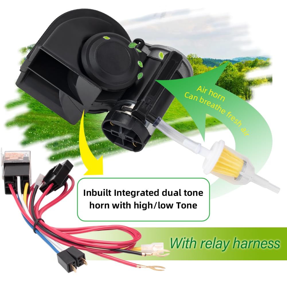 FARBIN 12V Electric Air Horn for Truck - 150db Loud Dual Black Horns with Wiring Harness - Compact Design for All 12V Vehicles