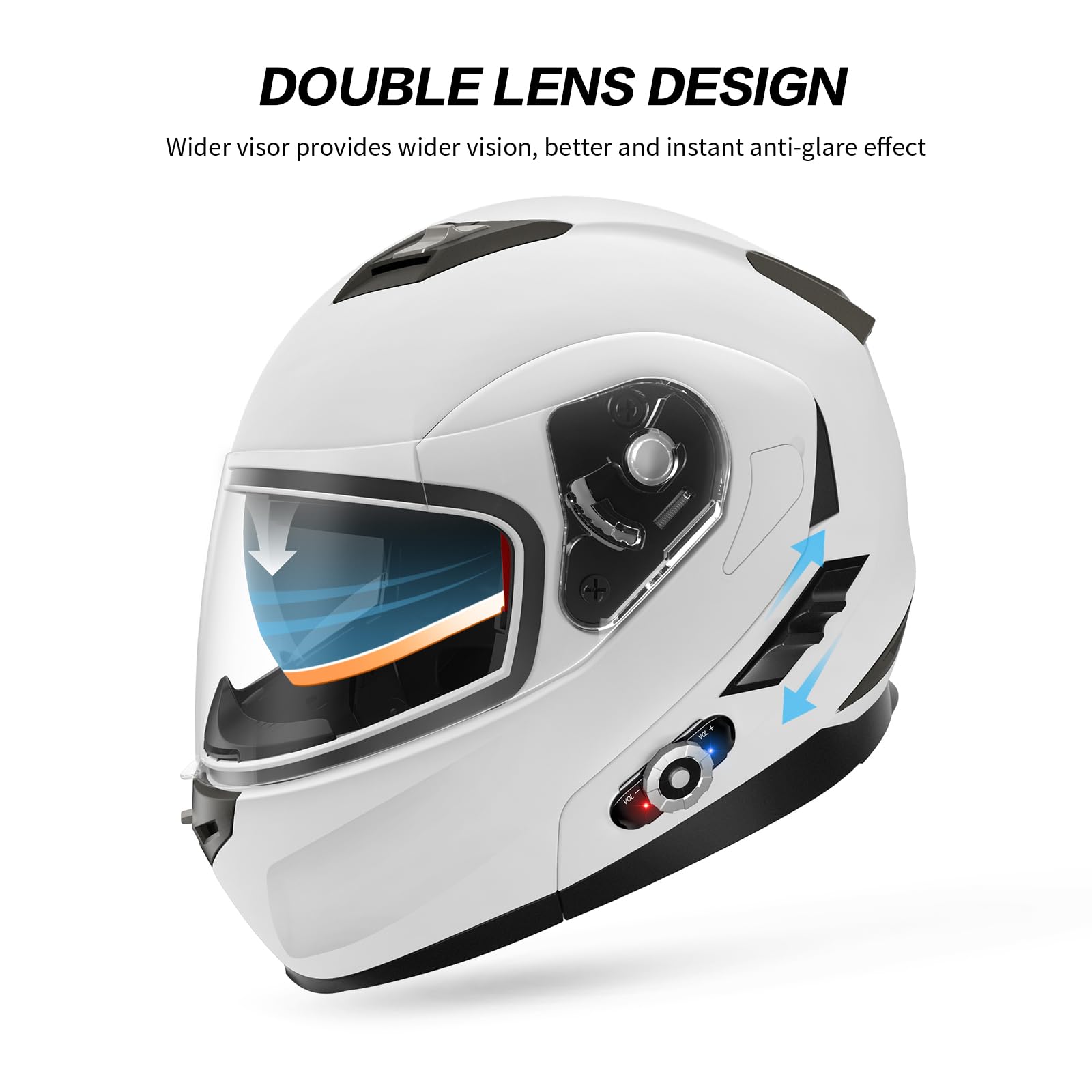 FreedConn Motorcycle Helmet Bluetooth 5.0, EPS, X-Large, White, Model 953, DOT Approved, Dual Visor, MP3 for Adults Men Women