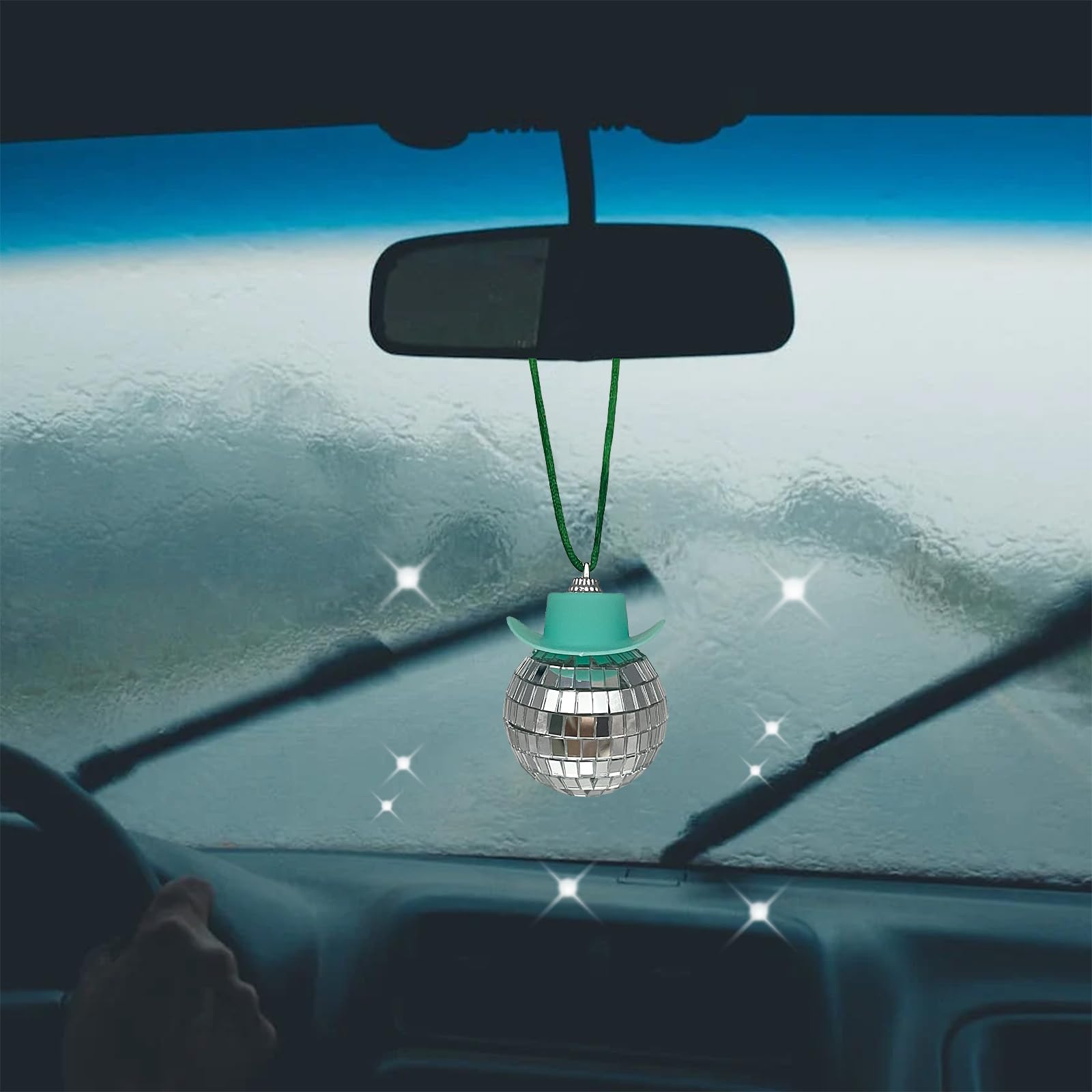 Spansee Green Cowboy Disco Ball, Disco Ball Cowboy Hat Car Accessory, Car Mirror Hanging Accessories, Disco Ball With Cowboy Hat, St. Patrick'S Day, Disco Ball Car Mirror Ornament, Cowboy Car Decor