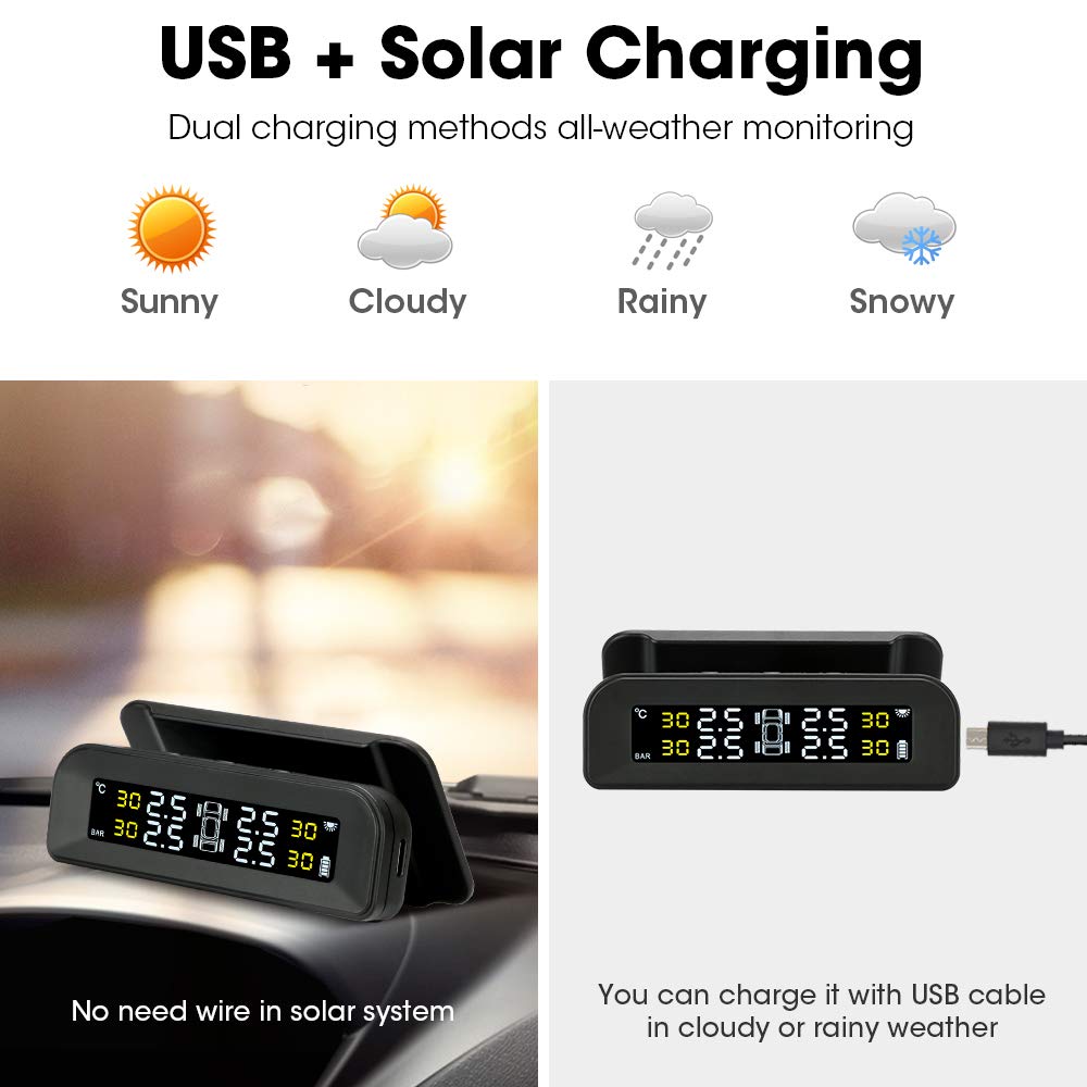 Jansite Wireless Solar Tire Pressure Monitoring System TPMS with 4 Sensors, Real-time Display 22-87 PSI for Car RV SUV MPV Sedan