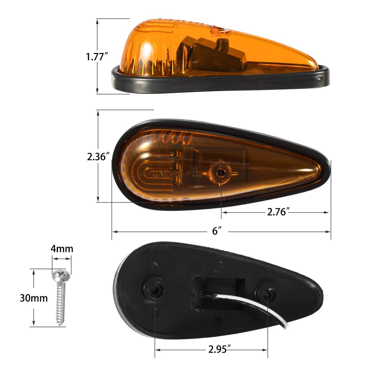 Partsam Amber Teardrop Cab Light - 9 LED Clearance Lights for Trucks, Vans & RVs - DOT Compliant, Front/Rear with Wiring Pack