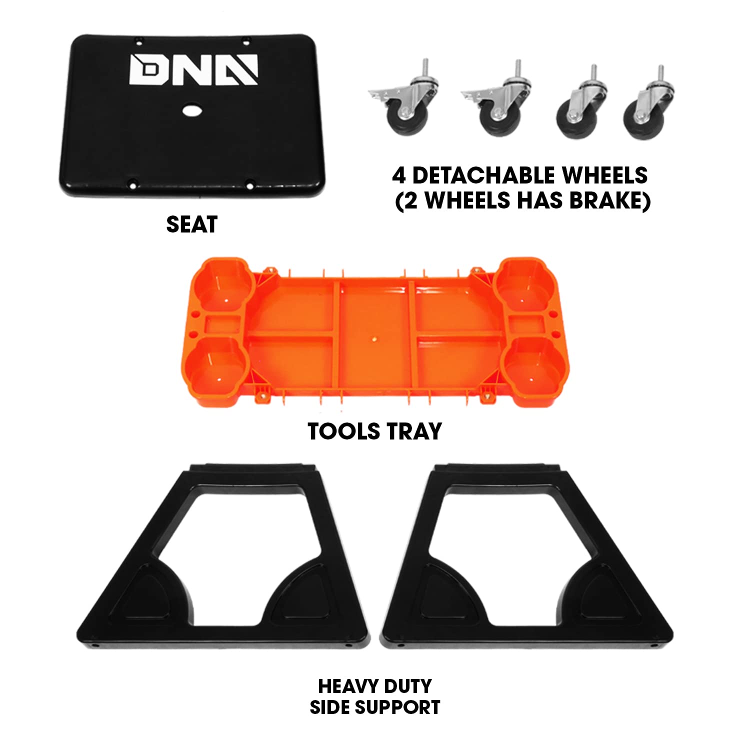 Dna Motoring Tools-00188 Mechanic Stool - 23'' X 13.5'' X 10.5'' (L X H X W), Rolling Work Seat W/Lockable Swivel Wheels And Sto