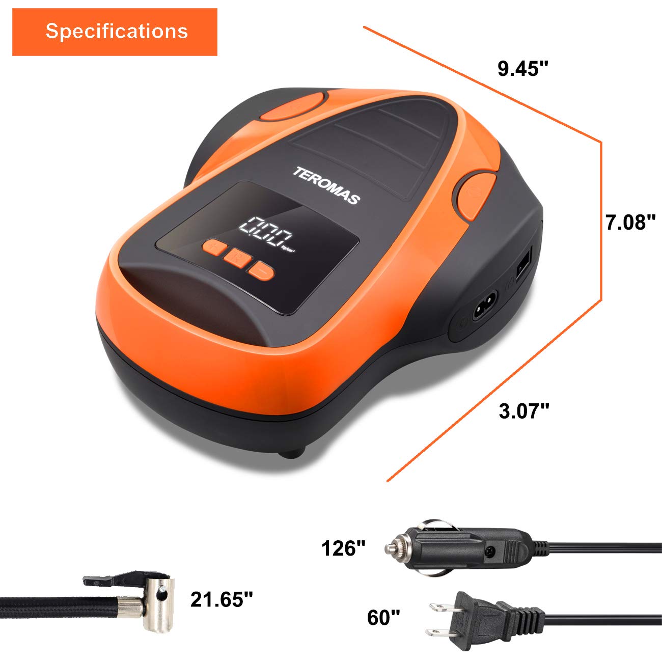 TEROMAS Portable Tire Inflator Air Compressor 12V DC/110V AC, Digital Pump with Pressure Gauge, Orange, Model TMS-3015