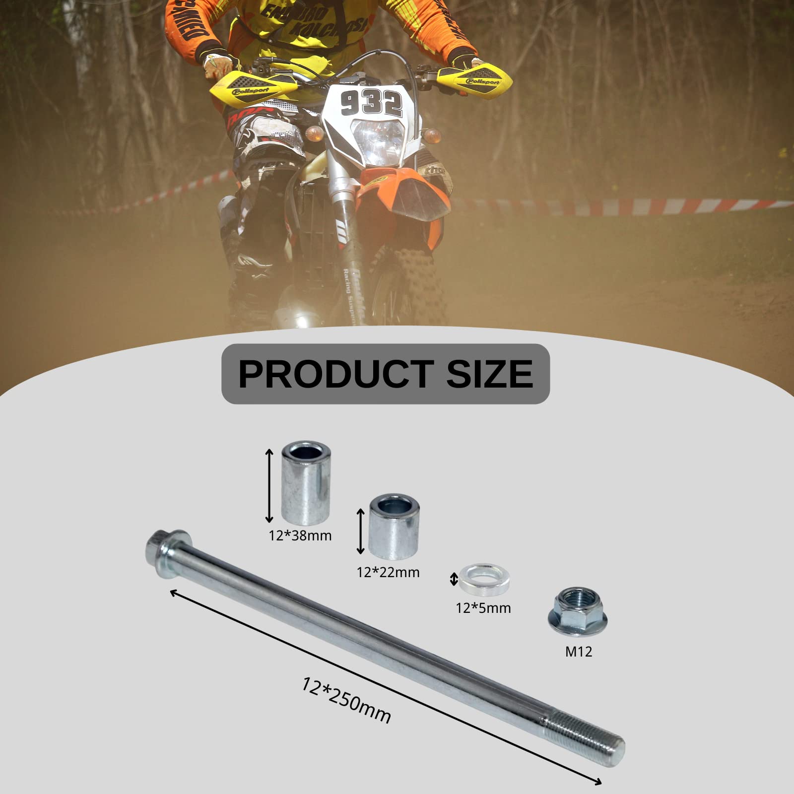SIPARTS 12mm 250mm Front Rear Axle with Bush 38mm 22mm 5mm Fit for PIT PRO Dirt Bike Scooter QUAD ATV 50cc 110cc 125cc