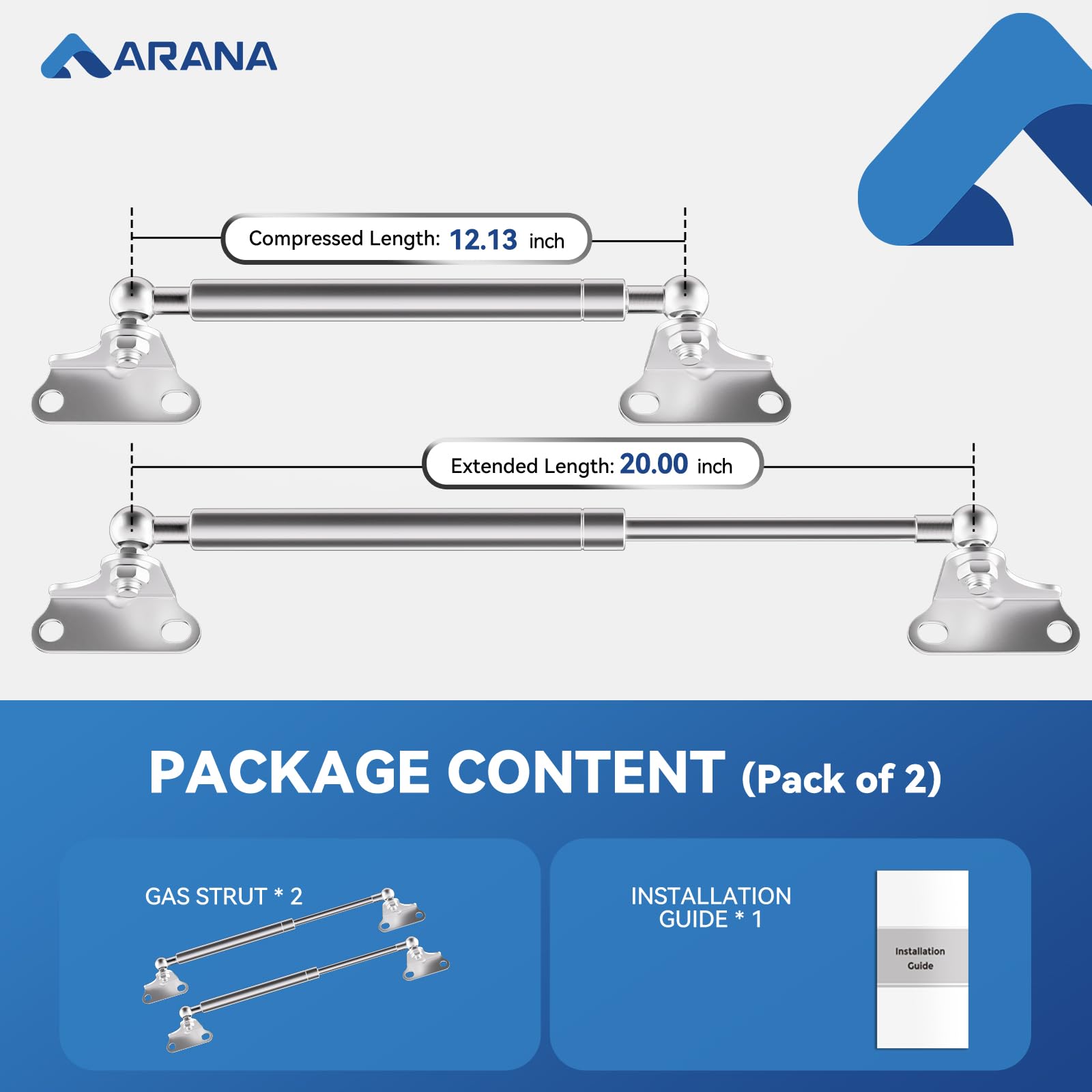ARANA 20" Stainless Steel Gas Struts 100lbs, Marine Lift Support Hinges for Heavy Duty Door Cabinet & Boat Lid, Silver, 2 Pcs