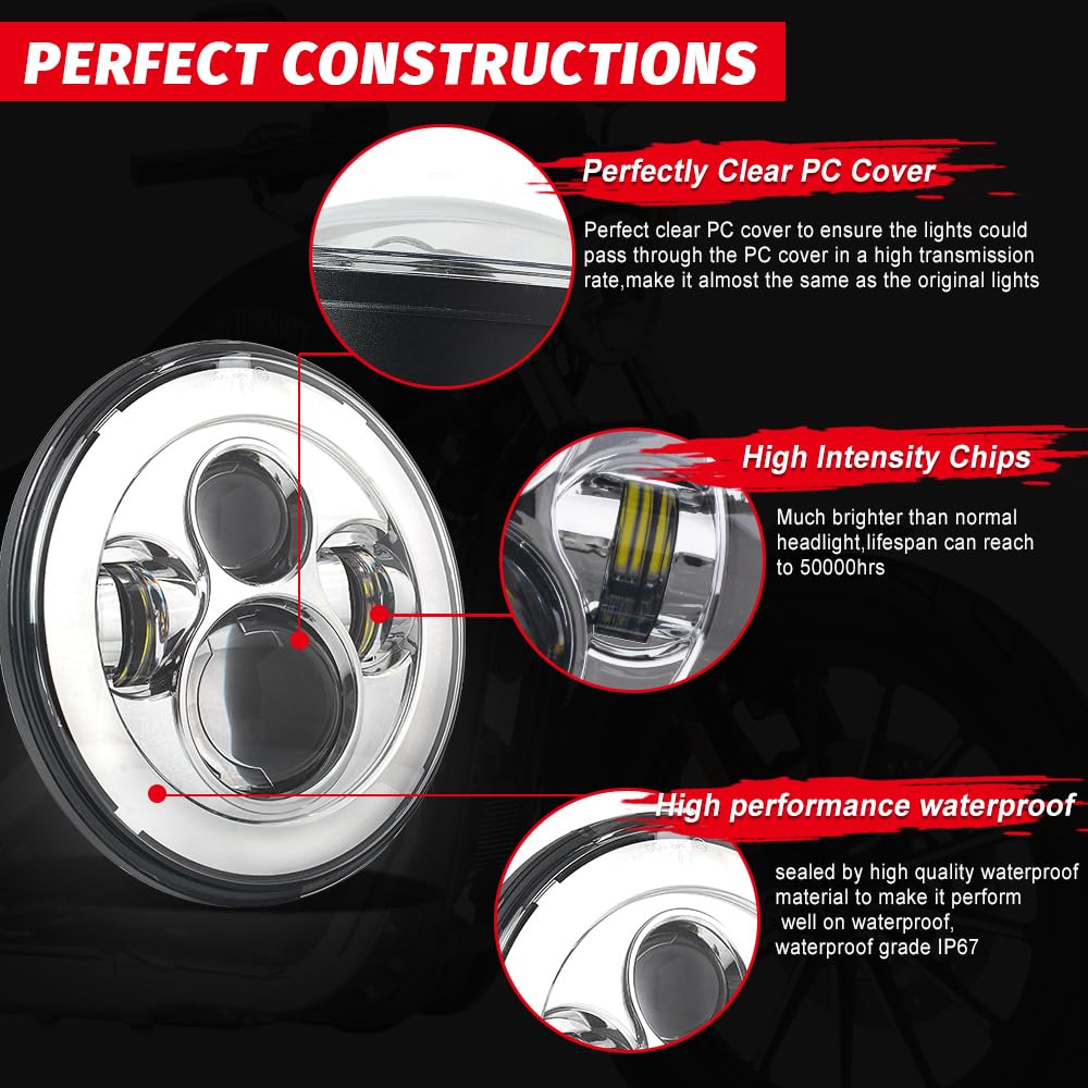 Tugwuetlwu 7 Inch Led Motorcycle Headlight Compatible With Harley Davidson Street Glide Road King Electra Glide Fat Boy Heritage Softail Deluxe Ultra Limited Classic Switchback Projector Led Headlamp