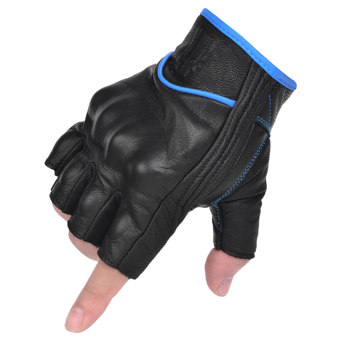 Harssidanzar Fingerless Motorcycle Gloves For Mens Leather Riding Driving Half Finger Gloves Gm037, Black/Blue, Size Medium