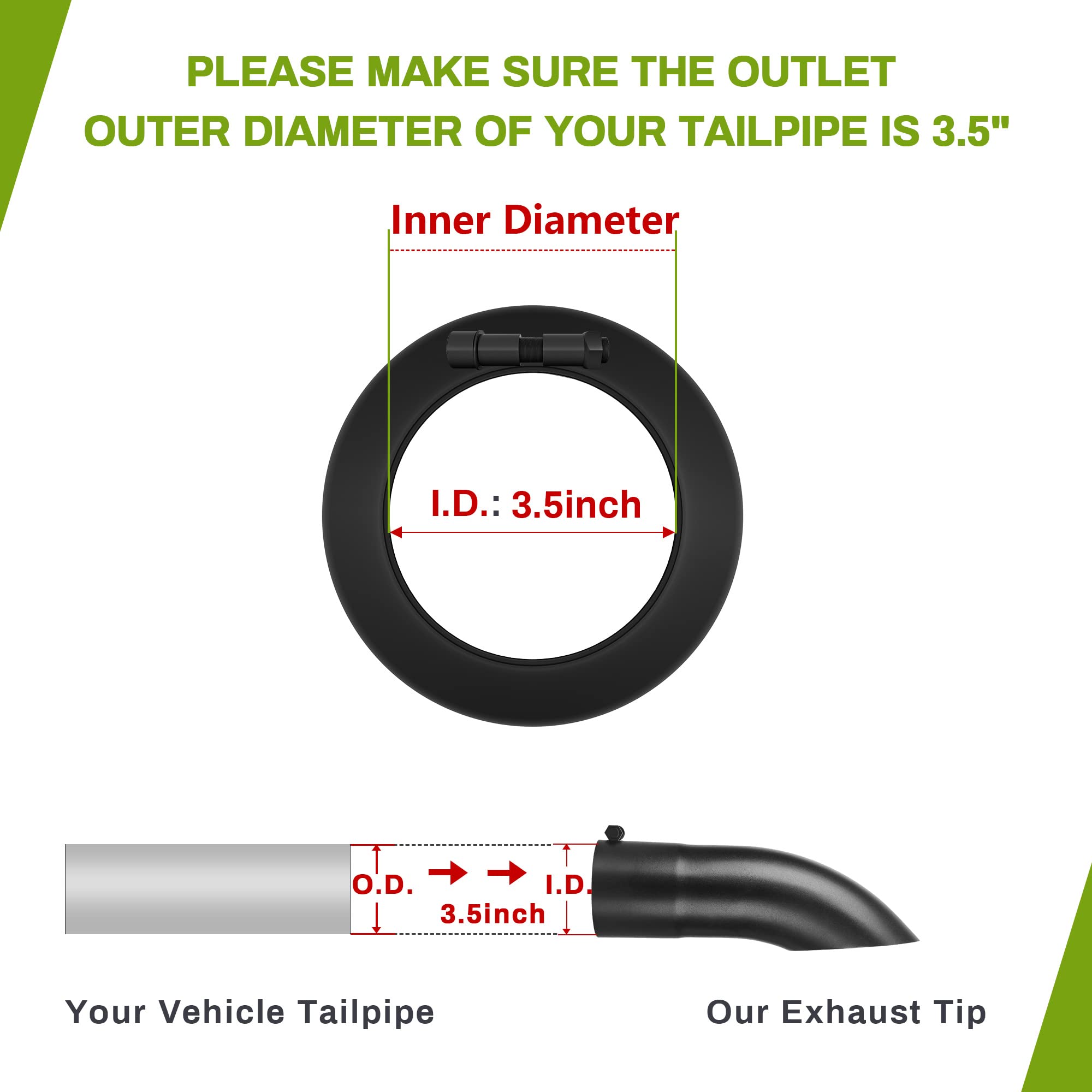 Autosaver88 3.5 Inch Inlet Black Exhaust Tip, 3.5'' Inlet 3.5'' Outlet 12'' Overall Length Stainless Steel Powder Coated Finish