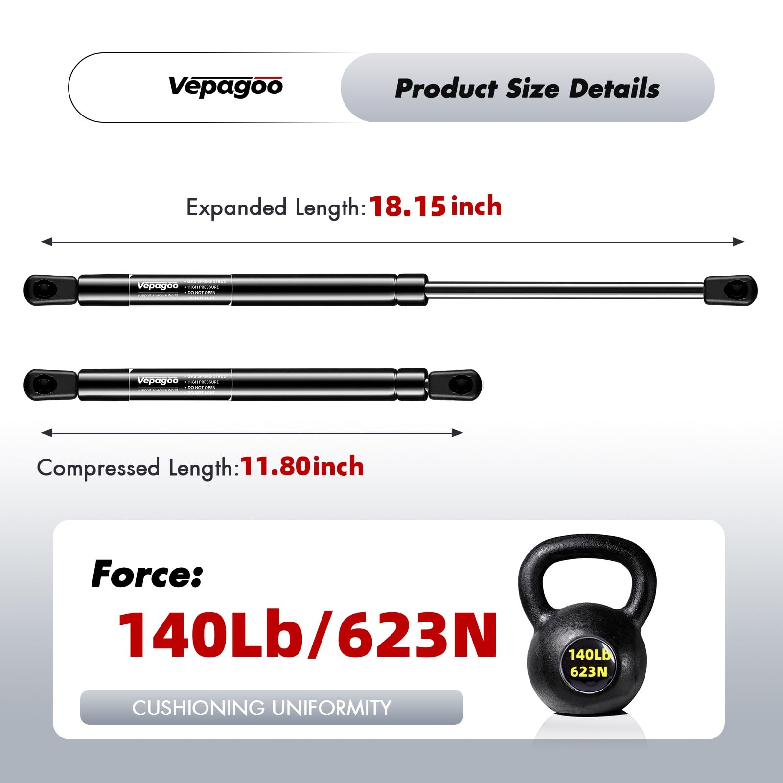 Vepagoo 18 Inch 140Lb/623N Gas Struts Shocks Sping Camper Topper Shell Are Leer Rear Window Truck Canopy Cap Cover Lift Support