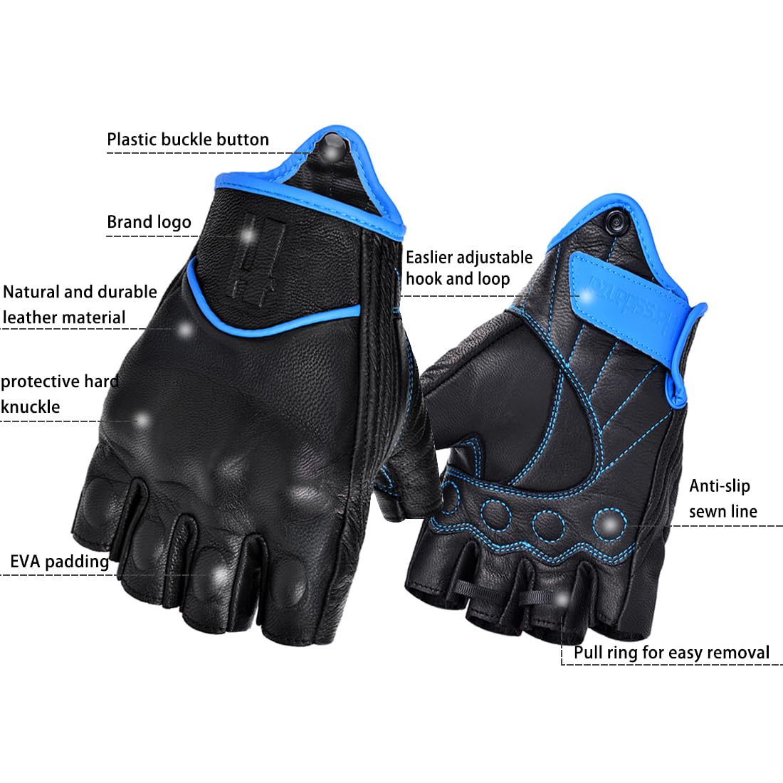 Harssidanzar Fingerless Motorcycle Gloves For Mens Leather Riding Driving Half Finger Gloves Gm037, Black/Blue, Size Small