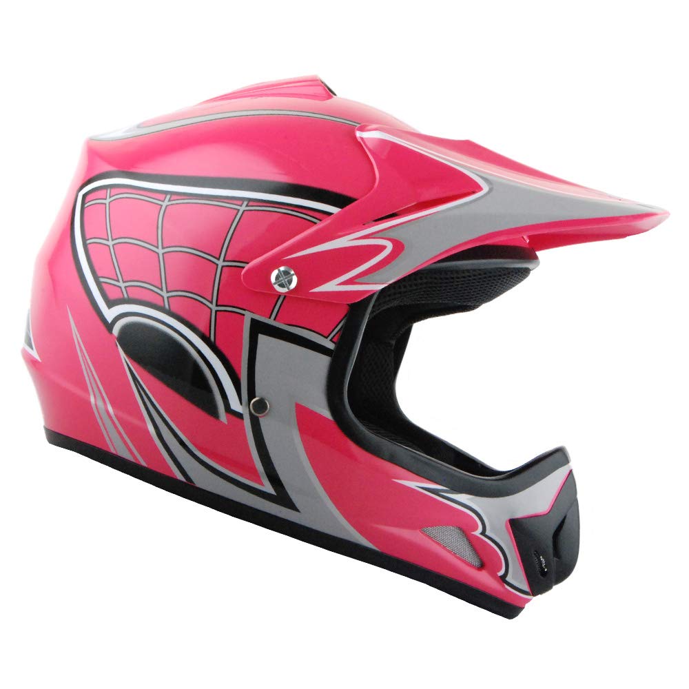 Wow Youth Motocross Helmet Bmx Mx Atv Dirt Bike Helmet Spider Web Pink + Goggles + Martian Skull Pink Glove Bundle
