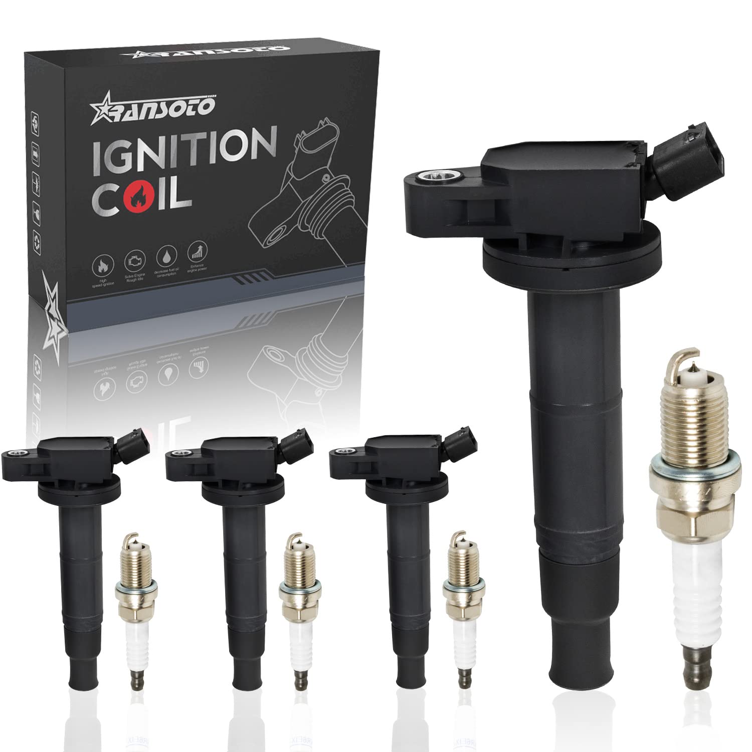 RANSOTO Set of 4 UF333 Ignition Coil & 7092 Iridium Spark Plugs Compatible With Scion tC xB Toyota Camry Corolla Highlander Matr