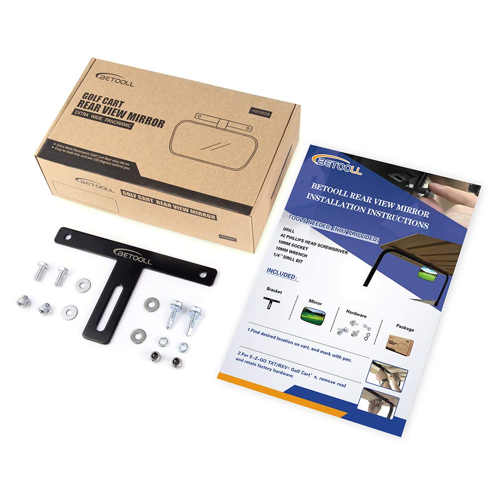 BETOOLL Golf Cart Wide Panoramic Rear View Mirror, 9" Glass, Model HW9009, Fits Ez Go, Club Car, Yamaha