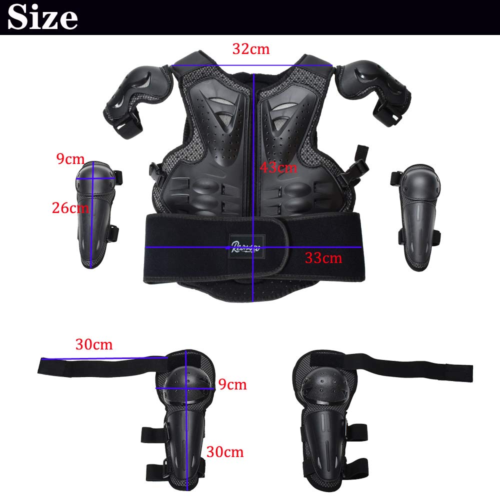 Reomoto Kids Full Body Protector Gear - Black Leather Vest with Knee & Elbow Protectors for Dirt Bike, Motorcycle, Skiing, Cycling
