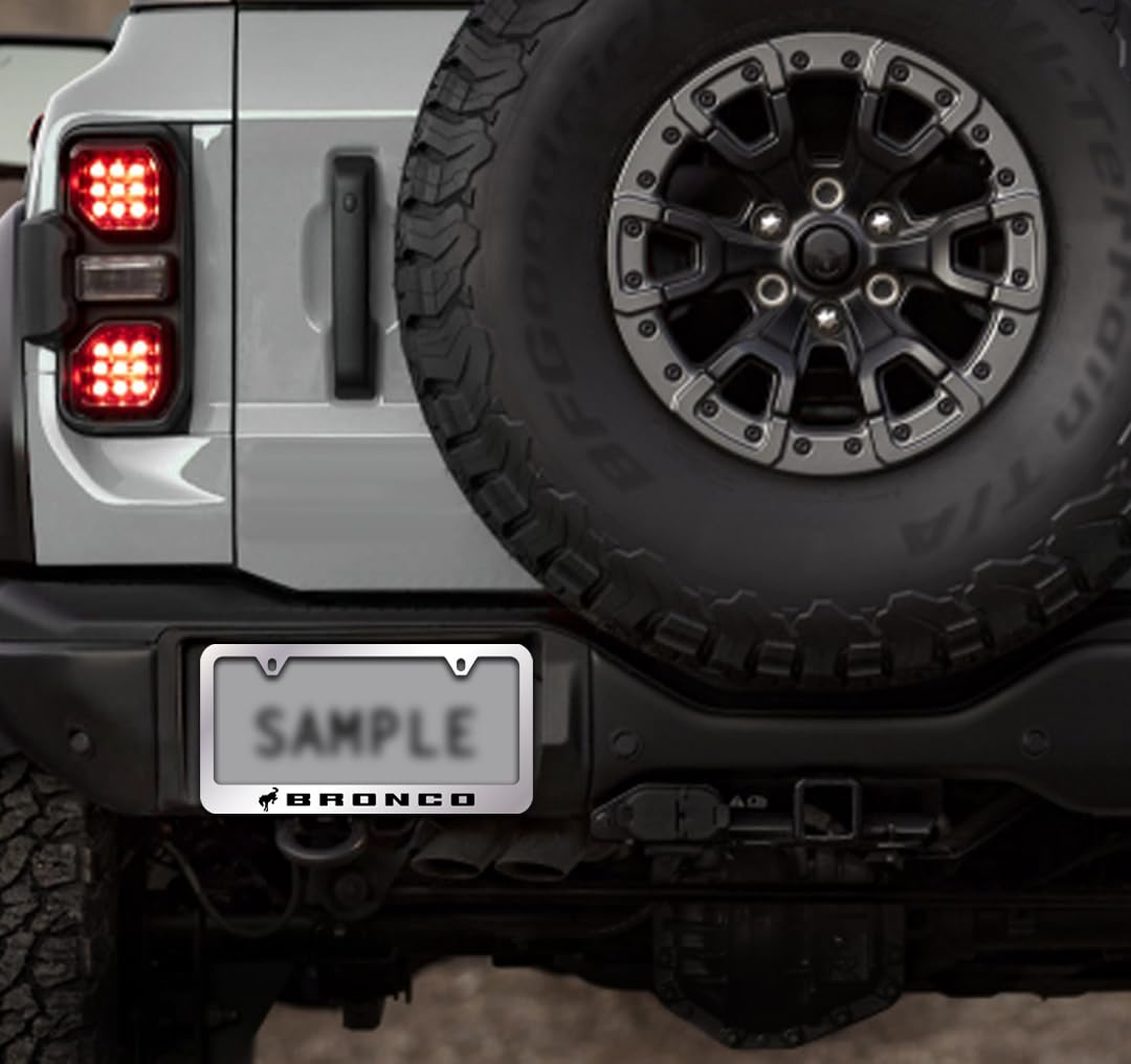 Ford Bronco Metal License Plate Frame Tag Holder - Chrome With Black