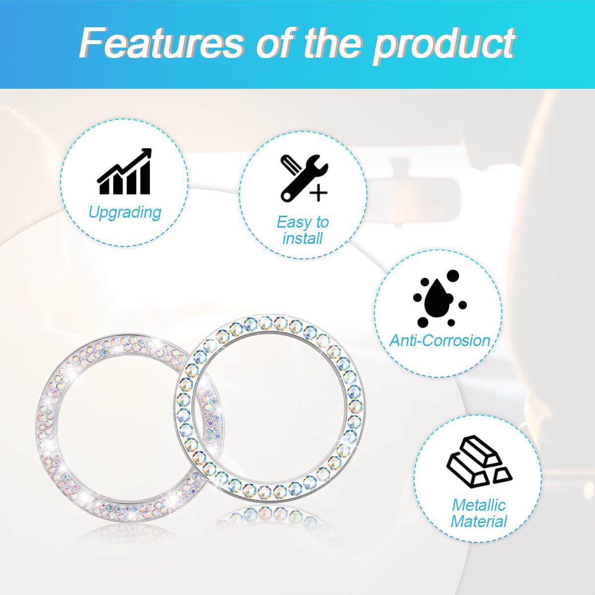 Car Bling Rhinestone Engine Start Ring Stickers, 1 Single Drainage Drill And 1 Double Drainage Drill Car Start Button Cover, Key
