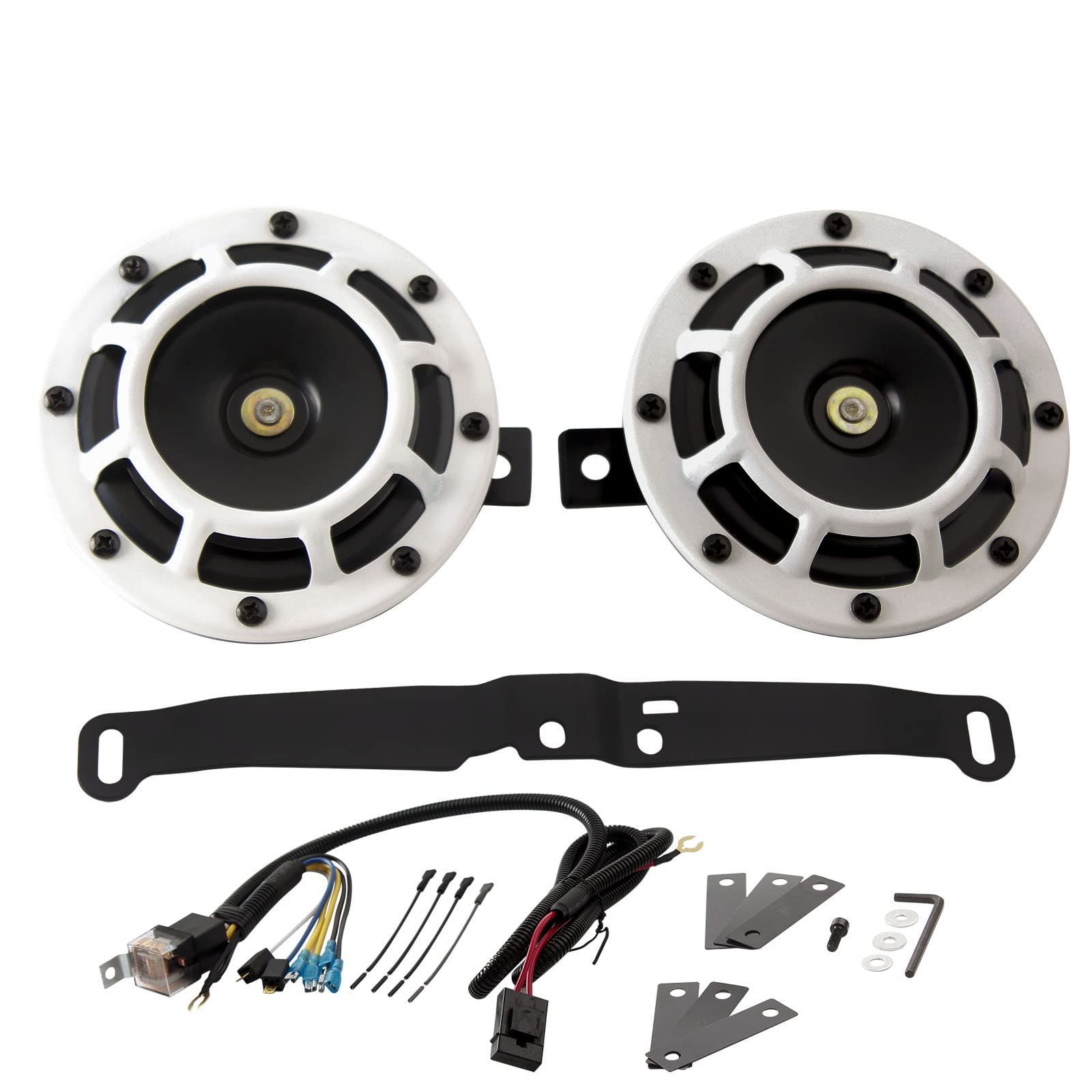 FARBIN Waterproof Car Horn Loud Super tone High Tone/Low Tone Metal Twin Horns Kit with Protective Grill (white horn with harnes