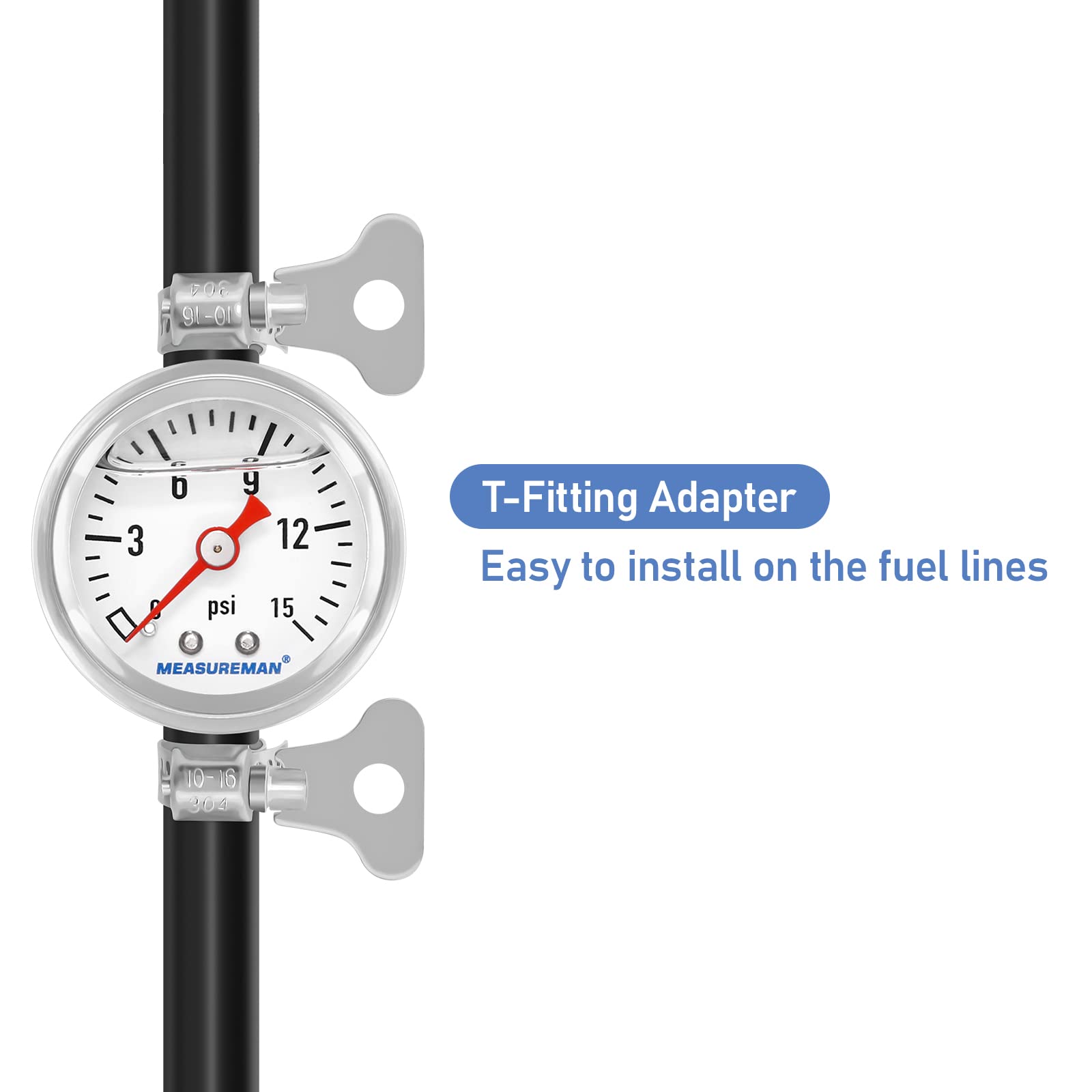 MEASUREMAN Fuel Pressure Gauge Kit, 0-15Psi, Stainless Steel, 1-1/2" Dial, Includes Brass T-Fitting Adapter, Model MA172