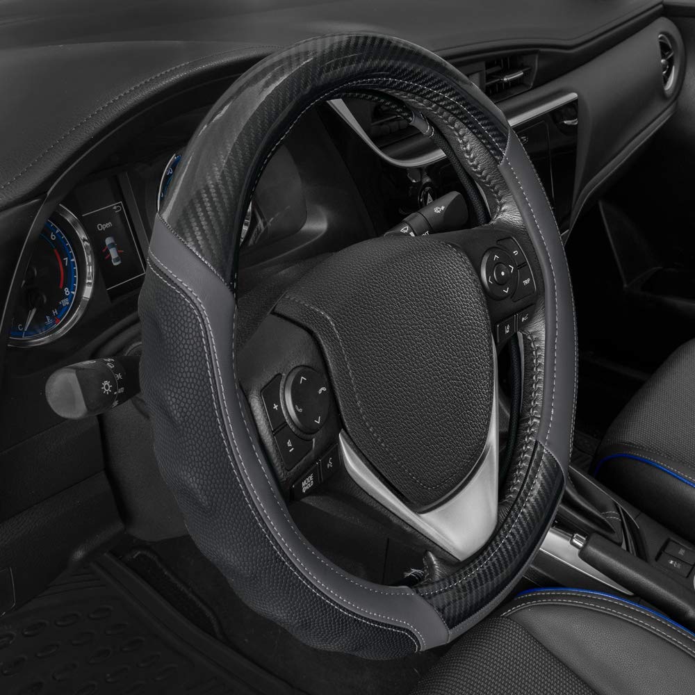 Motor Trend Ultrasport Gray Carbon Fiber Steering Wheel Cover, Standard 15 Inch Size, Black Faux Leather Comfort Grip, Car Steer