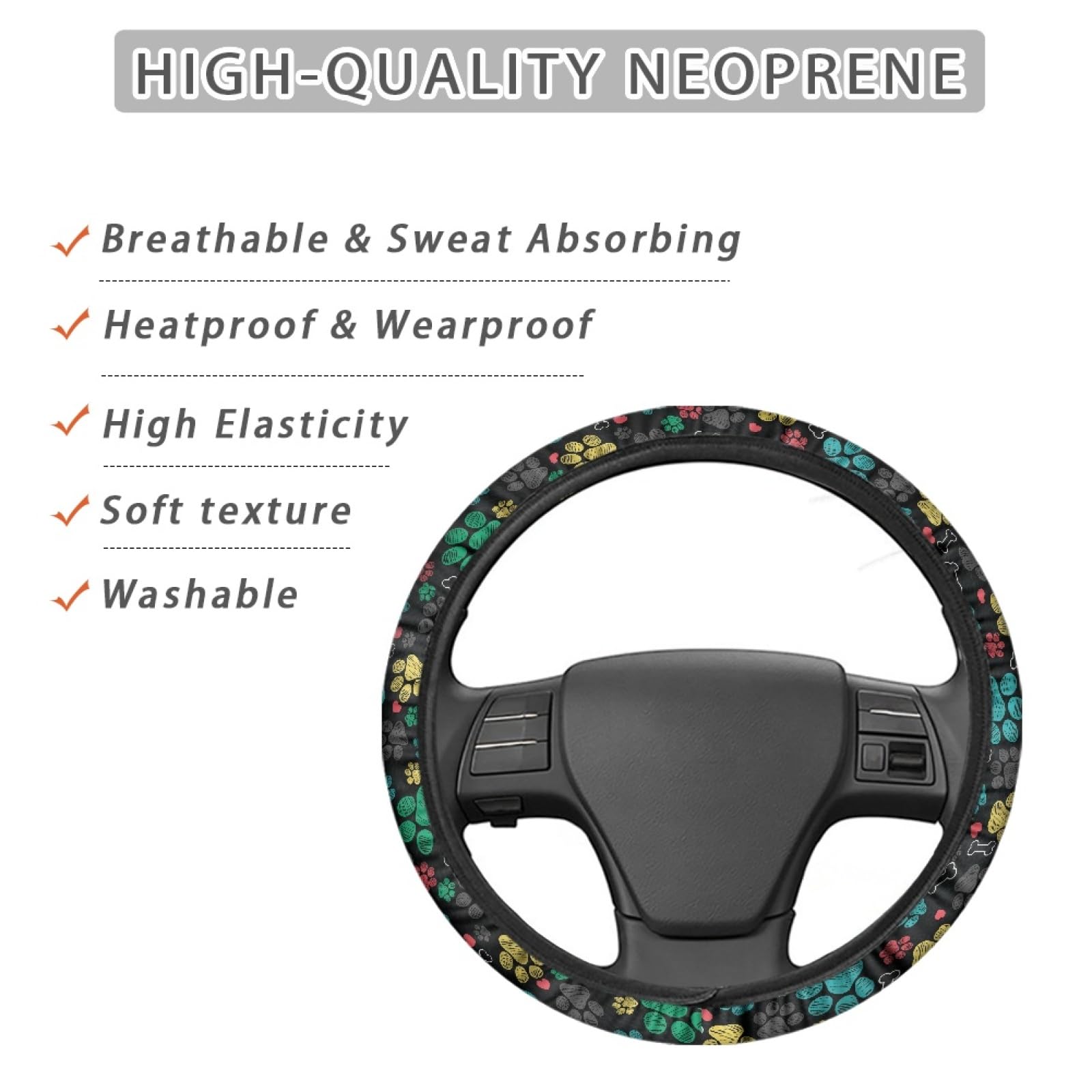 Afpanqz Puppy Paws Print Steering Wheel Protection Stretch-On Fabric Machine Washable Women Men Neoprene Automotive Steering Whe
