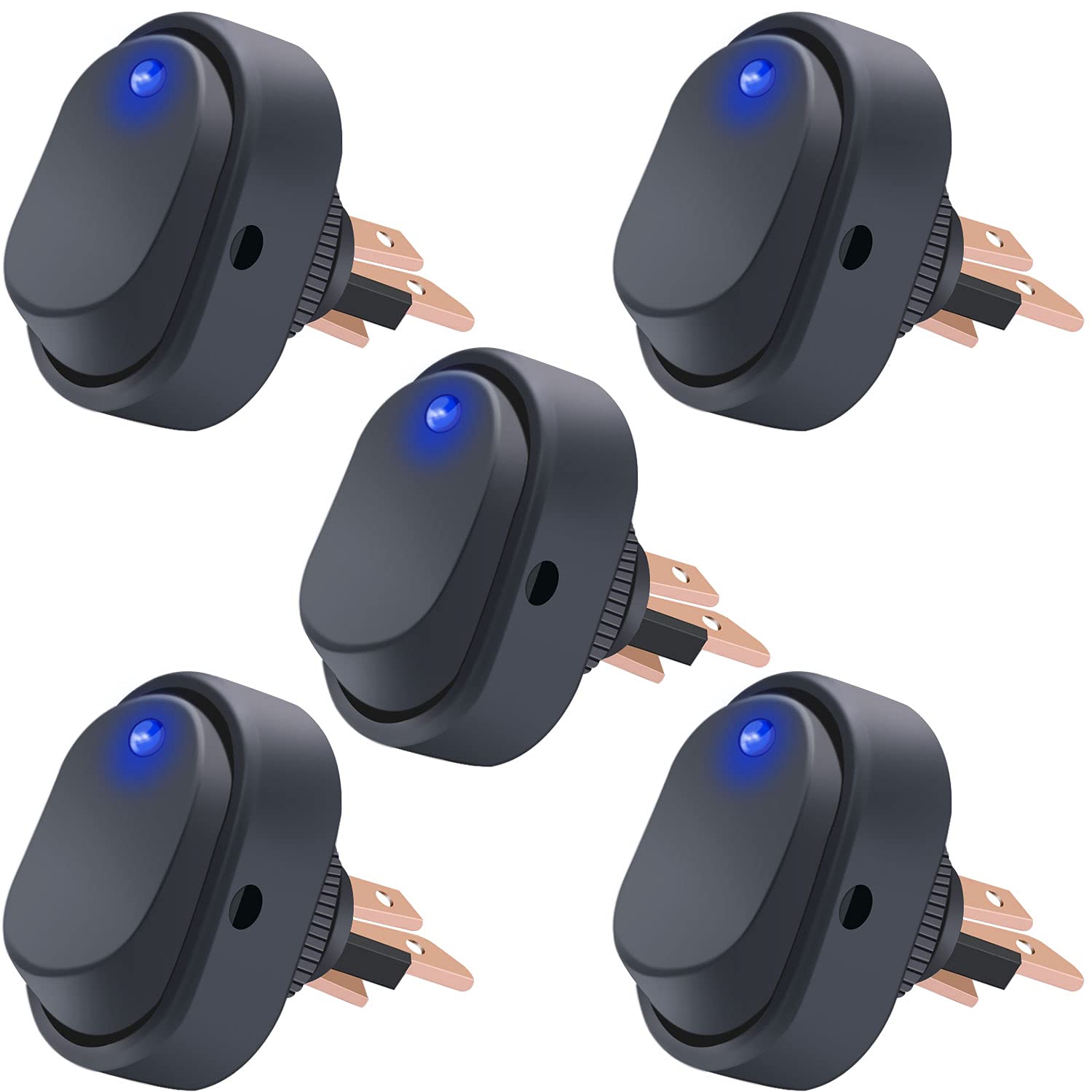 Twidec/5Pcs Led Lighted Rocker Switch Toggle 12V 30A Spst 3 Pin On-Off Blue Round Dot Switch For Car Boat Marine Asw-20D-Bu