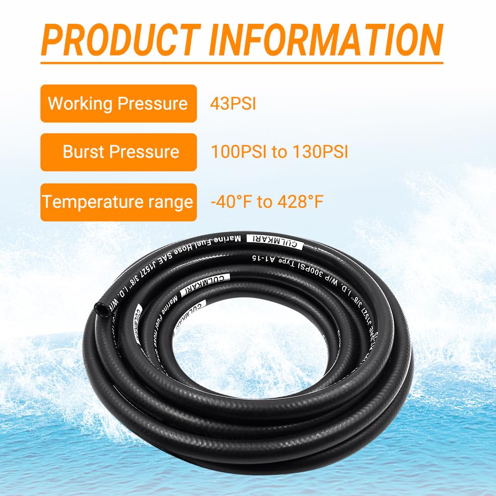 CULMKARI Marine Fuel Hose Feed Line, A1-15 Rubber, 10 Ft, Black, Meets SAE J1527 Standards for Ships and Marine Equipment