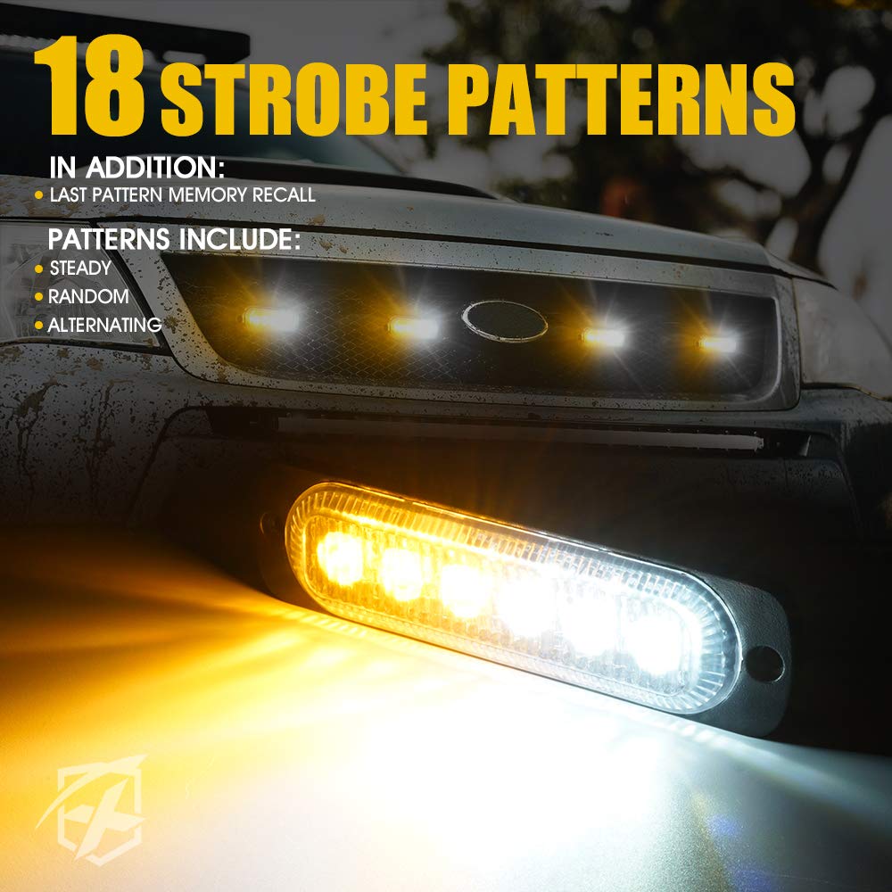 Xprite 4Pcs Led Emergency Strobe Lights,Amber White 6- Led Surface Mount Flashing Strobe Lights, Sync Feature Ultra Slim Grill L
