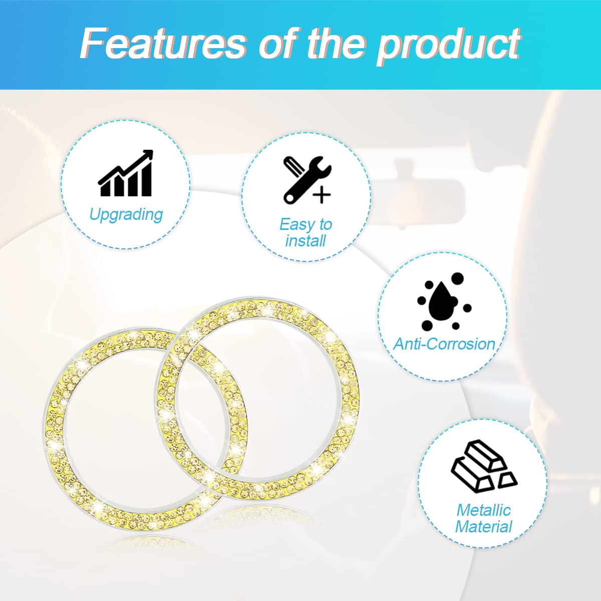 AUKEPO Car Bling Crystal Rhinestone Engine Start Ring Decals, Yellow Push Start Button Cover, Zinc Alloy Interior Accessory, 2 Pack