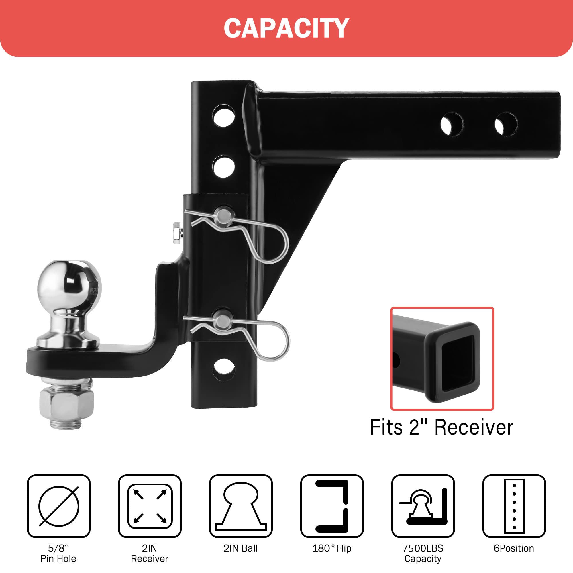 Openroad Adjustable Trailer Hitch Ball Mount - Fits 2-Inch Receiver, 2'' Tow Balls, 7500Lbs, 9-1/2'' Drop/ 8-1/4'' Rise, Heavy D
