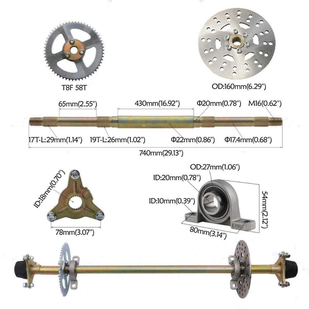 Sallurmose Go Kart Rear Axle Kit 740mm with Brake Assembly, T8F Chain Sprocket, Dark Golden - Model Pro A6