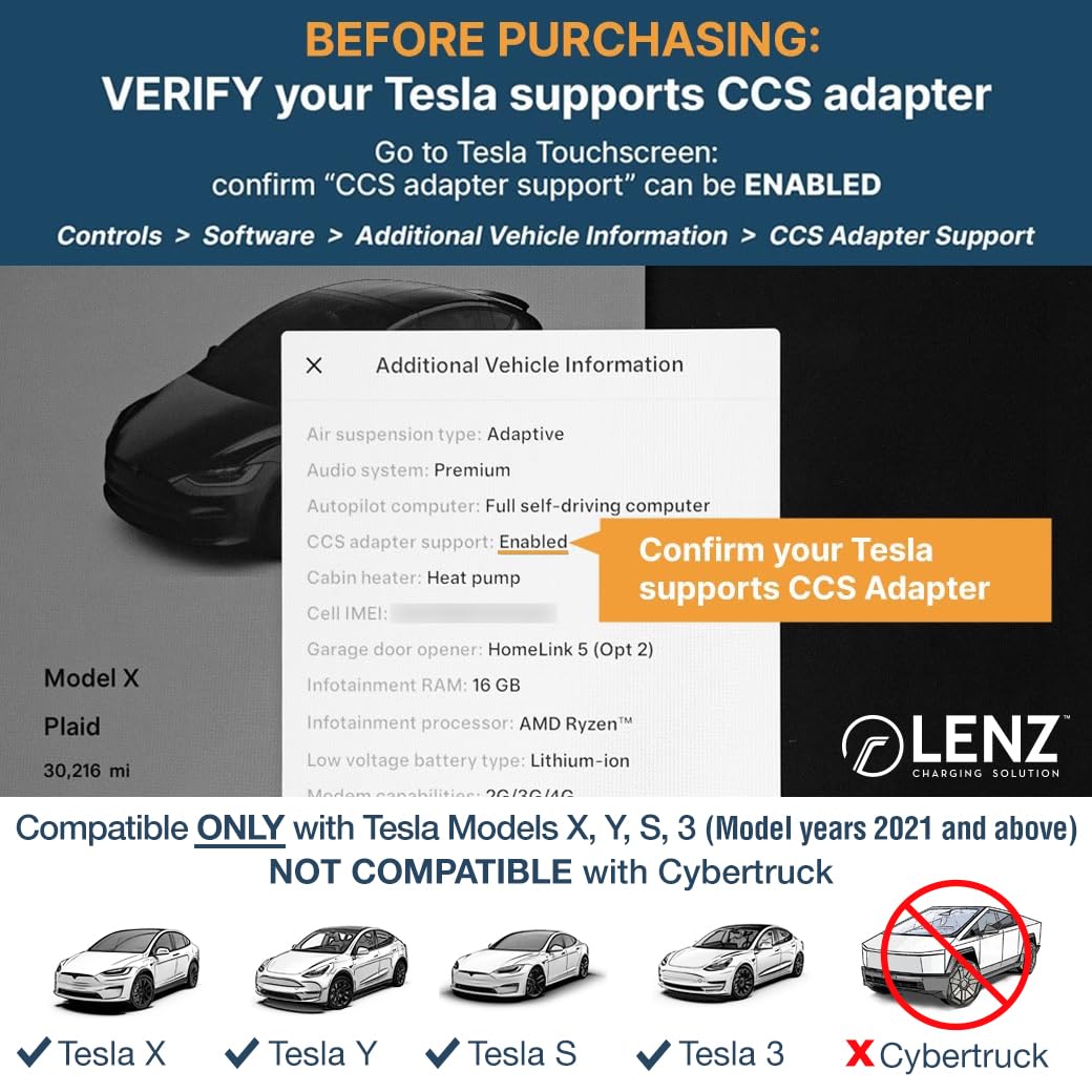 LENZ CCS1 to Tesla Adapter for 2021+ Tesla Models, Supports 250 kW DC Fast Charging, Model ADPT-31101