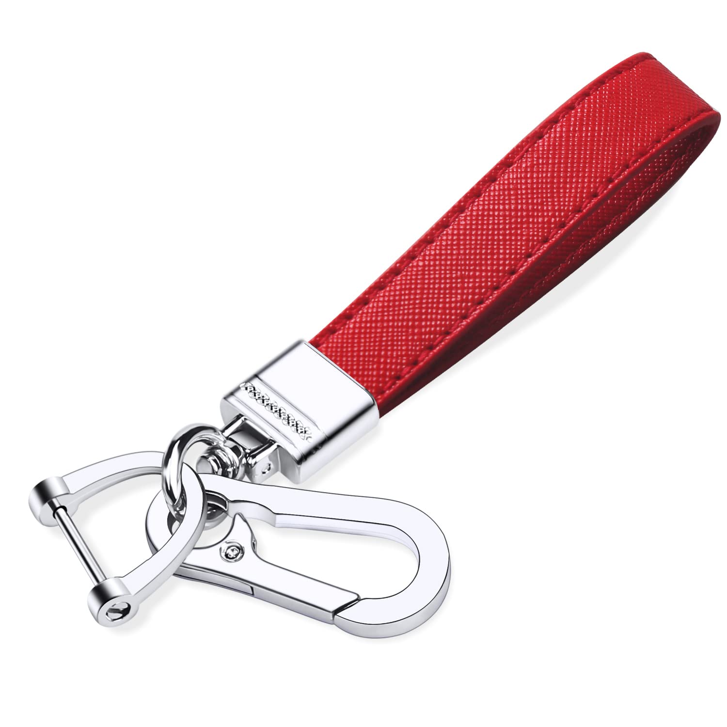 Qbuc Genuine Leather Car Keychain,Universal Heavy Duty Metal Key Chain Accessories,Car Fob Key Keychain Holder With 360 Degree Rotatable Snap Swivel And Anti-Lost D-Ring For Men Women（Red）