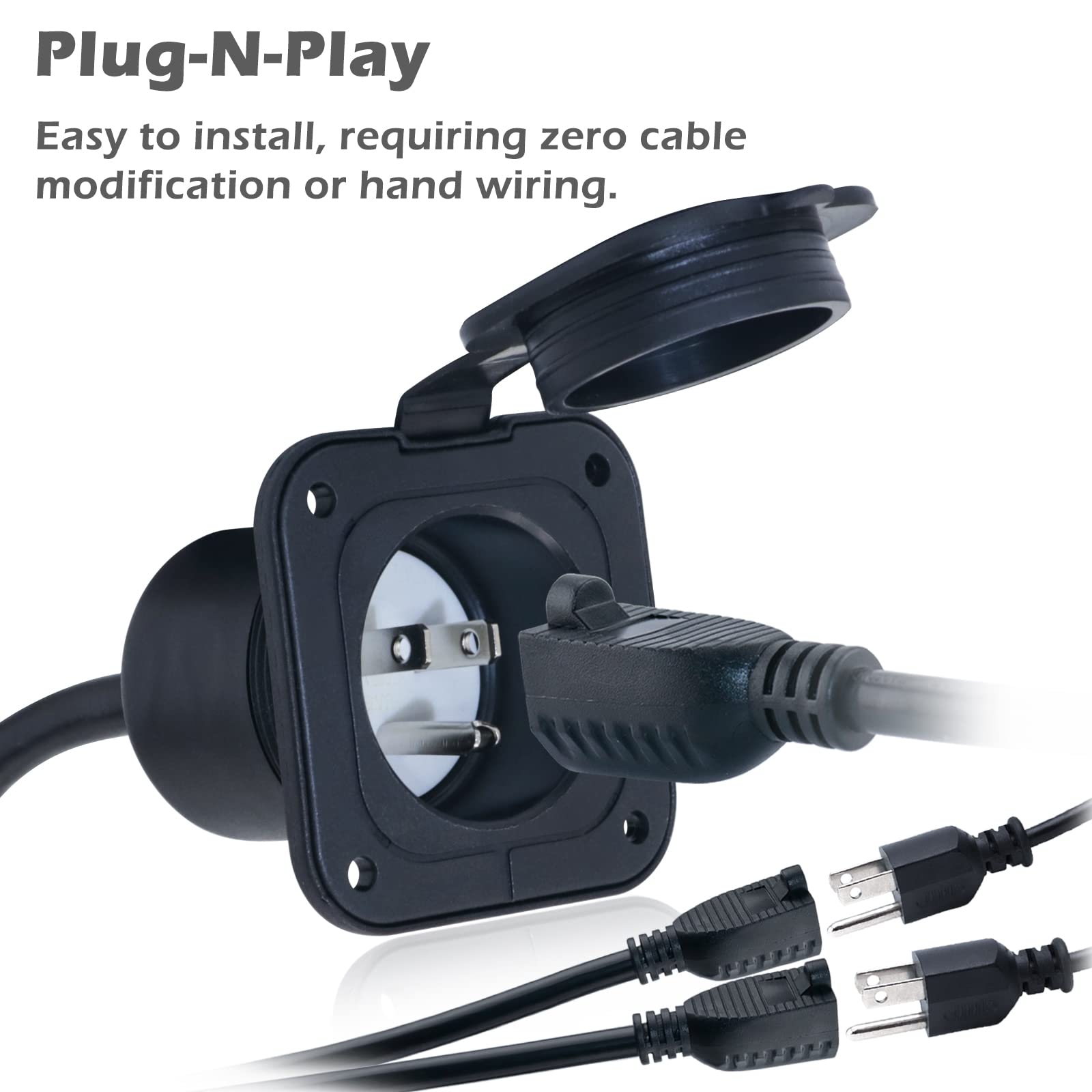 EilxMag 15 Amp 125V AC Power Inlet Port Plug Flanged Inlet NEMA 5-15P RV Power Outlet with Integrated Dual 24'' Cord ETL Approve