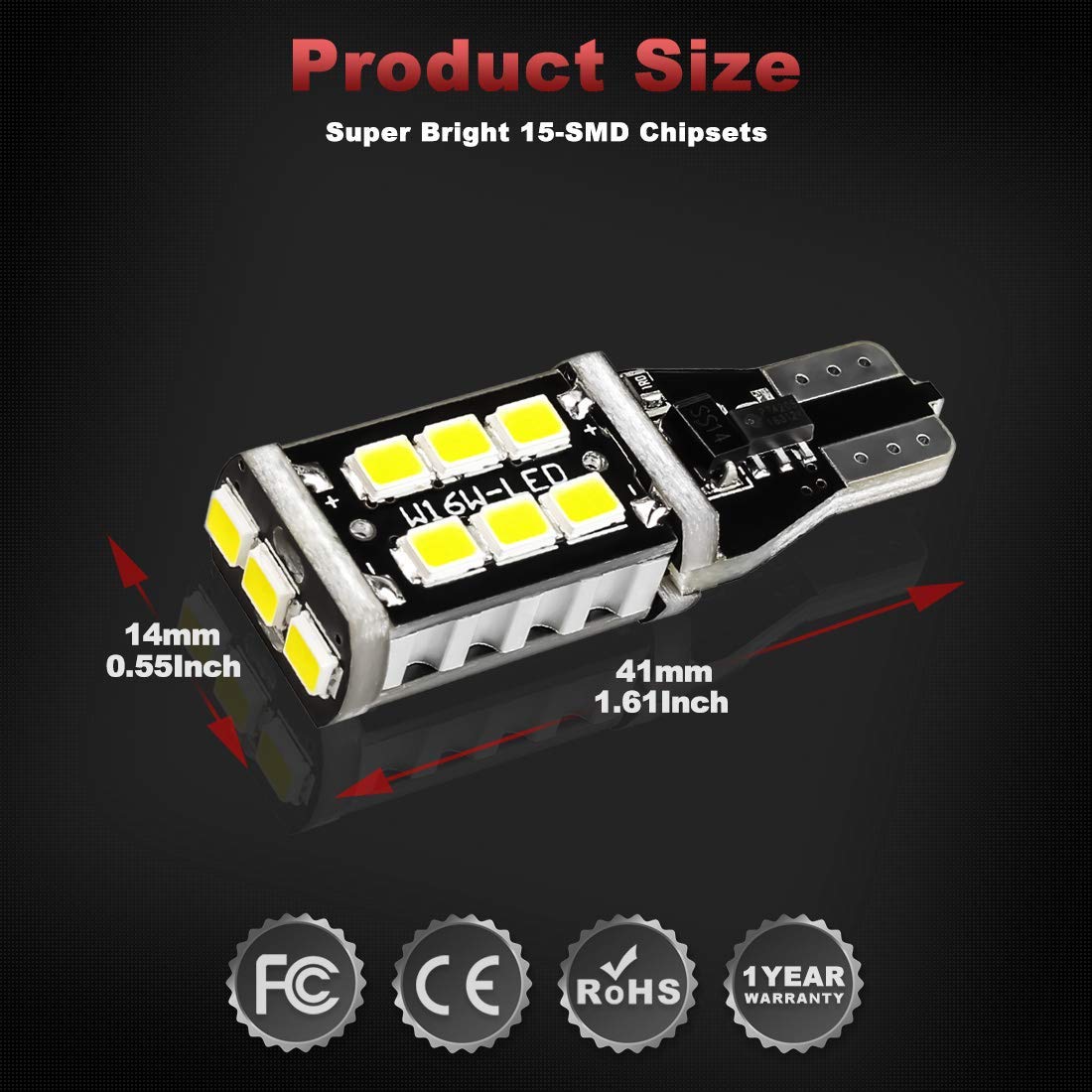Yorkim 912 921 LED Bulb - High Power 2835 15-SMD, 6000K White, Backup Light for Tail, Brake, Reverse - Pack of 4