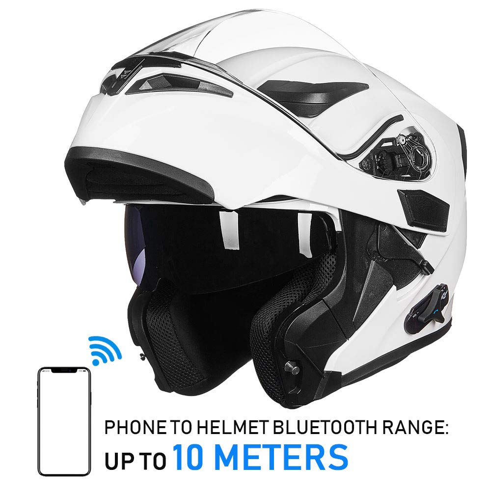Ilm Bluetooth Motorcycle Helmet Modular Flip Up Full Face Dual Visor Mp3 Intercom Fm Radio Dot Model 902Bt(White, 2Xl)