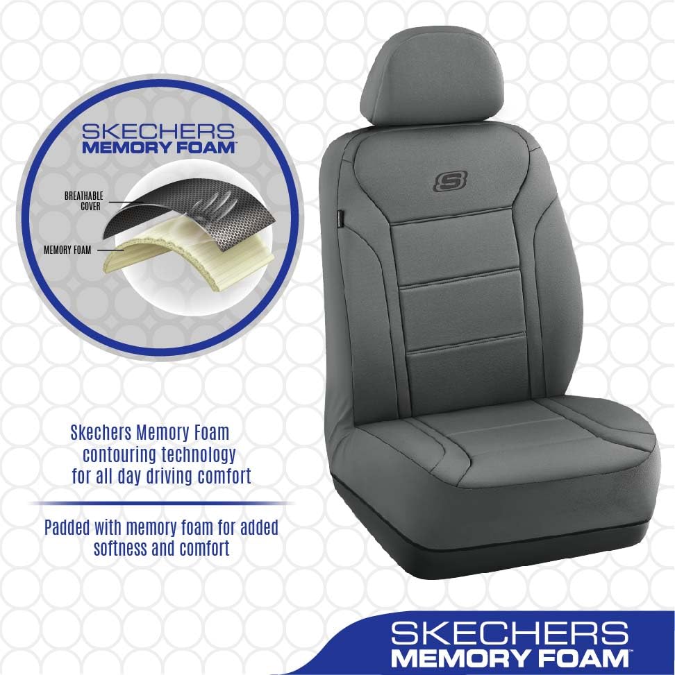 Skechers Memory Foam Car Seat Covers, Grey Lycra Fabric, Airbag Compatible, Two Front Seats, Model SK01036GREY