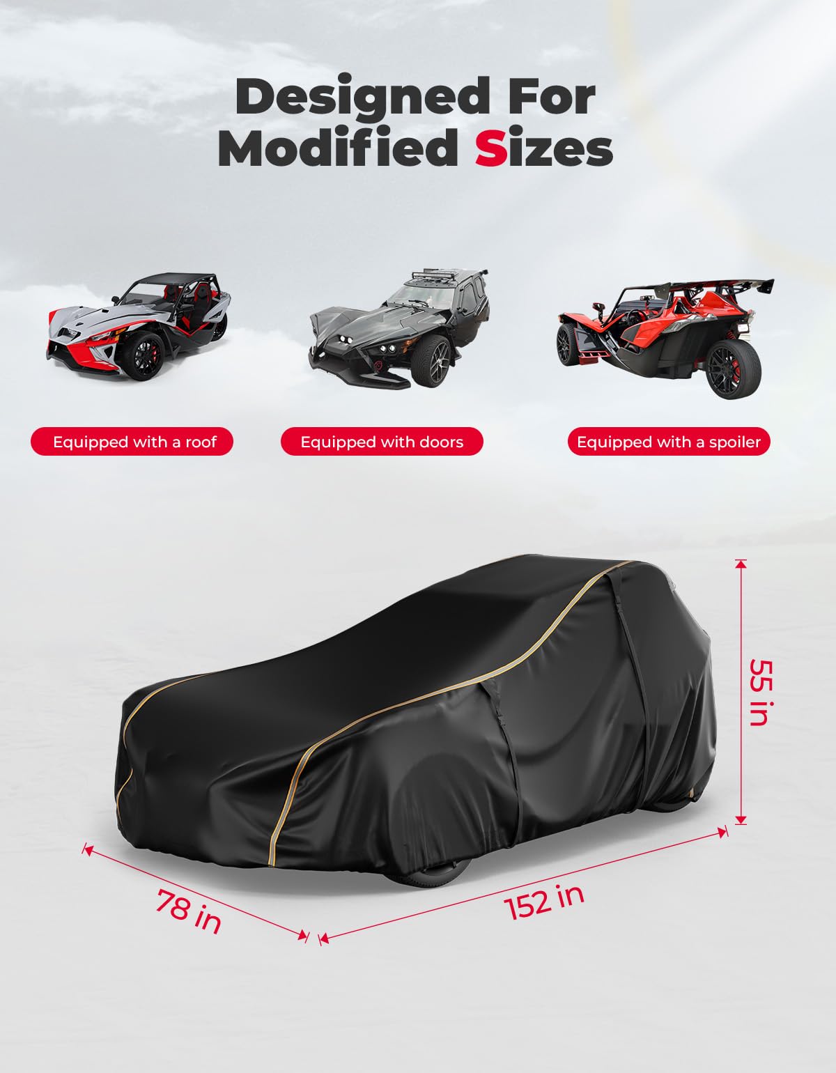 KEMIMOTO Waterproof Full Cover for 2023-2024 Polaris Slingshot, X-Large, Black, 420D Oxford, Model B1501-01301BK, Windproof