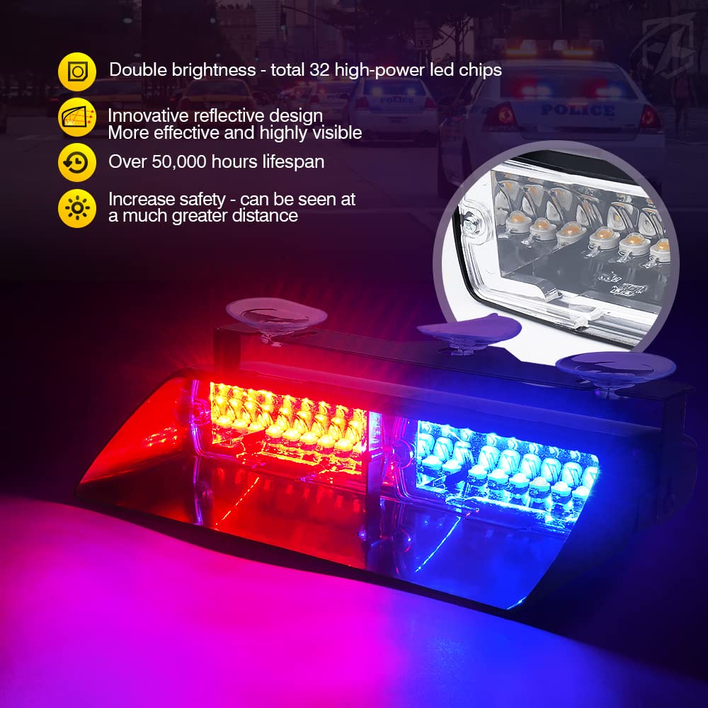 Xprite Red Blue Led Dual Windshield Strobe Lights - 32 Leds, 23 Modes, W/Suction Cups | Dash Visor Safety Warning For Law Enforc
